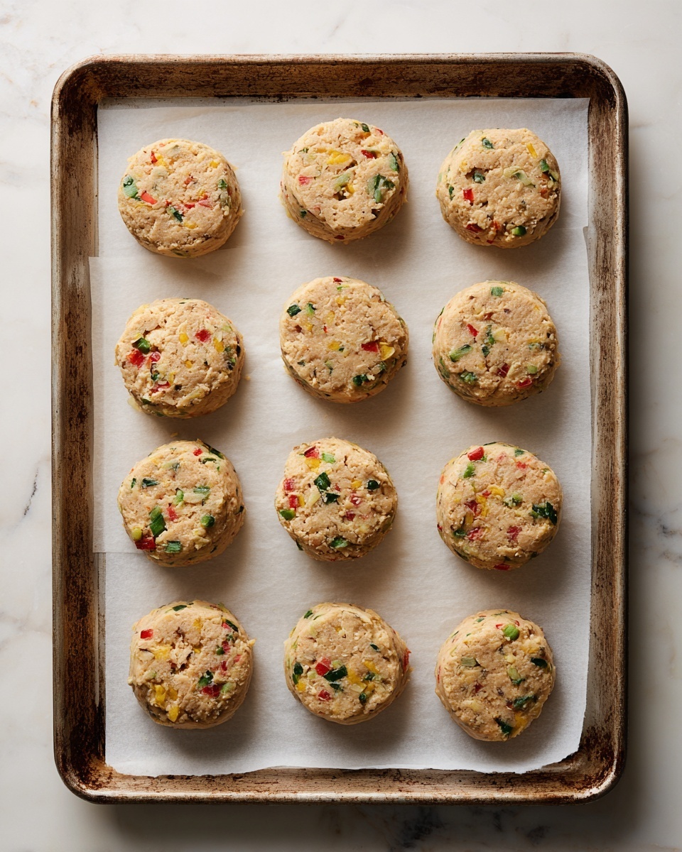 The image shows twelve round, uncooked patties arranged neatly on a white parchment paper-lined baking tray. Each patty is light beige with visible small pieces of red, green, and yellow ingredients mixed into them, giving a textured and slightly chunky look. The tray is an old, slightly rusted metal pan, placed on a white marbled surface. The patties have a rough, homemade texture and are evenly spaced on the sheet. Photo taken with an iphone --ar 4:5 --v 7