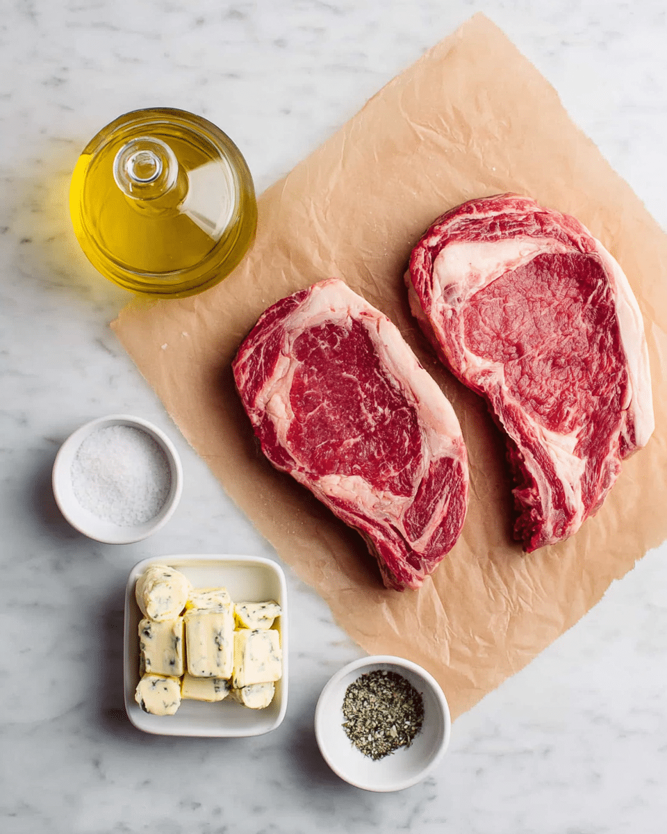 Two raw ribeye steaks with red and pink colors and white marbling are placed on a piece of brown parchment paper in the center of a white marbled surface. To the left of the steaks is a clear glass bottle filled with golden yellow olive oil. On the right side, there are three small white bowls: one with white salt, one with black pepper, and one with two curls of herb butter that are white with green herb specks. The arrangement is neat and spaced out. Photo taken with an iphone --ar 4:5 --v 7