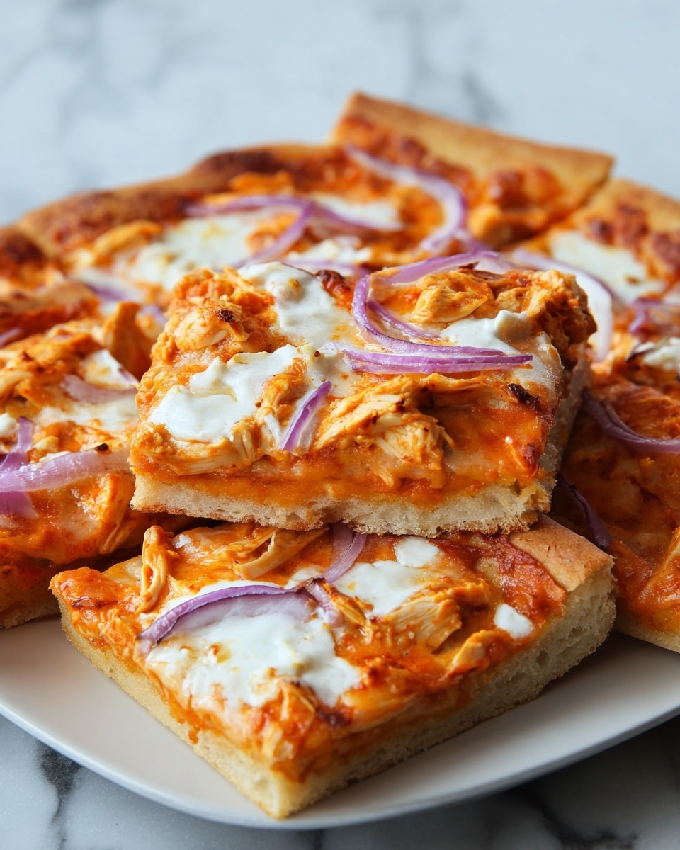 The image shows several pieces of pizza stacked on a white plate, placed on a white marbled surface. The pizza has a golden-brown thick crust as the bottom layer. The next layer is a bright orange sauce spread evenly across the dough. White patches of melted cheese are scattered over the sauce, creating a creamy texture with slight browning in places. On top, there are small pieces of shredded orange chicken and thin slices of purple-red onion, adding color and texture contrast. The pizza slices look soft in the middle and crispy around the edges, with a close-up view highlighting the ingredients and textures. Photo taken with an iphone --ar 4:5 --v 7