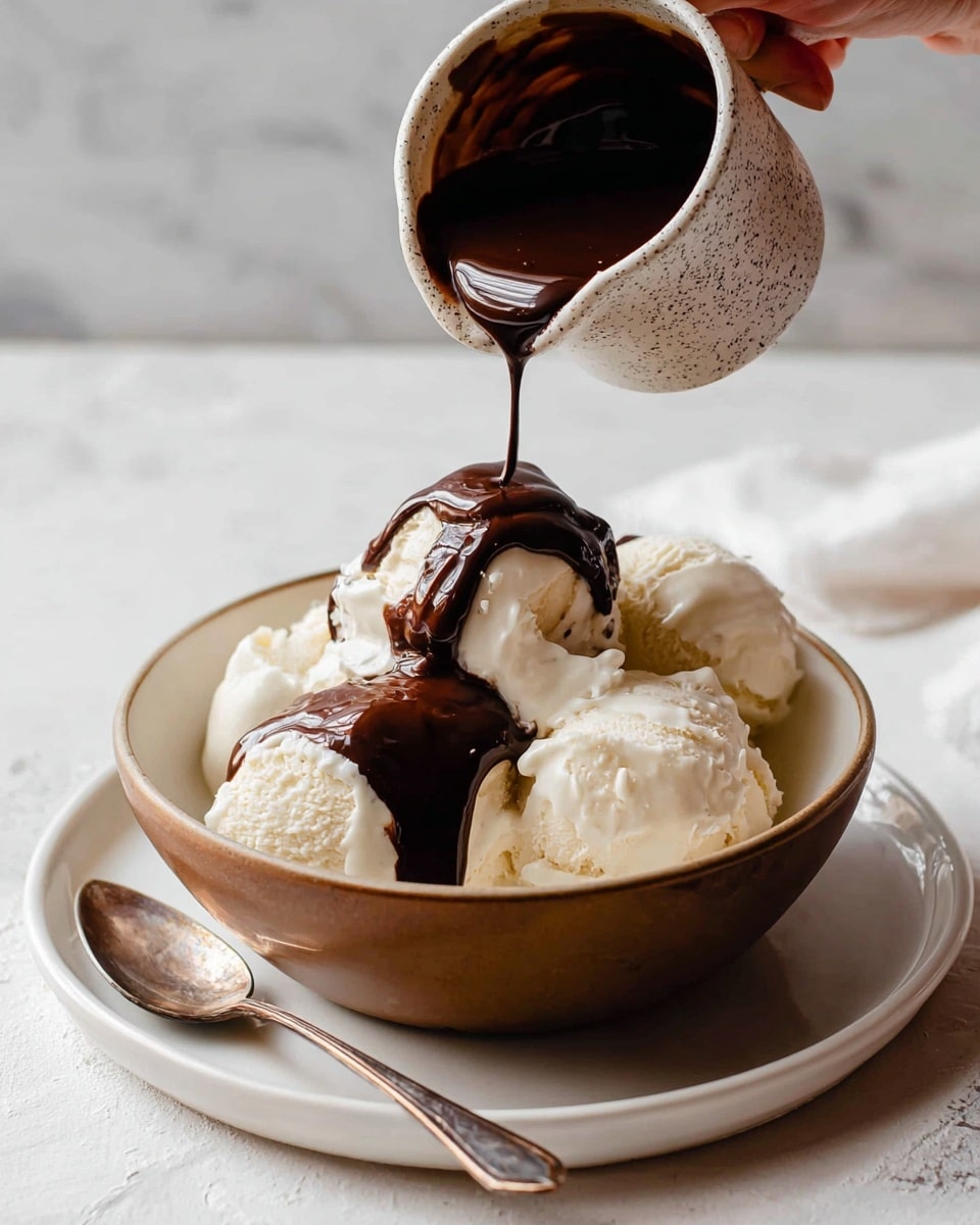 A white marbled background holds a white plate with a silver spoon resting on it. On the plate sits a brown bowl filled with several scoops of creamy white ice cream, showing a soft and slightly chunky texture. A woman's hand pours dark, shiny chocolate sauce from a small speckled cup, flowing thickly and covering the top scoop. The scene is soft-lit, focusing on the contrast between the white ice cream and dark chocolate sauce. Photo taken with an iphone --ar 4:5 --v 7