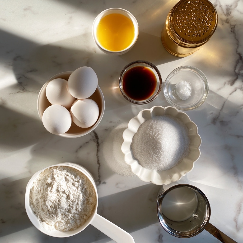 The image shows several baking ingredients arranged neatly on a white marbled surface. There is a white measuring cup filled with white flour at the bottom left, a small white bowl holding four white eggs slightly above it, and a white scalloped bowl full of white sugar slightly to the right. Next to the sugar is a clear small glass bowl with dark brown vanilla extract, and beside it is another small clear glass bowl with a pinch of white salt. Above these is a small white cup filled with bright yellow melted butter, and to the right is a golden container with holes on top, likely for sprinkling. At the bottom right, there is a small shiny metal saucepan with milk inside, all items spaced evenly with a bright, clean look. photo taken with an iphone --ar 4:5 --v 7
