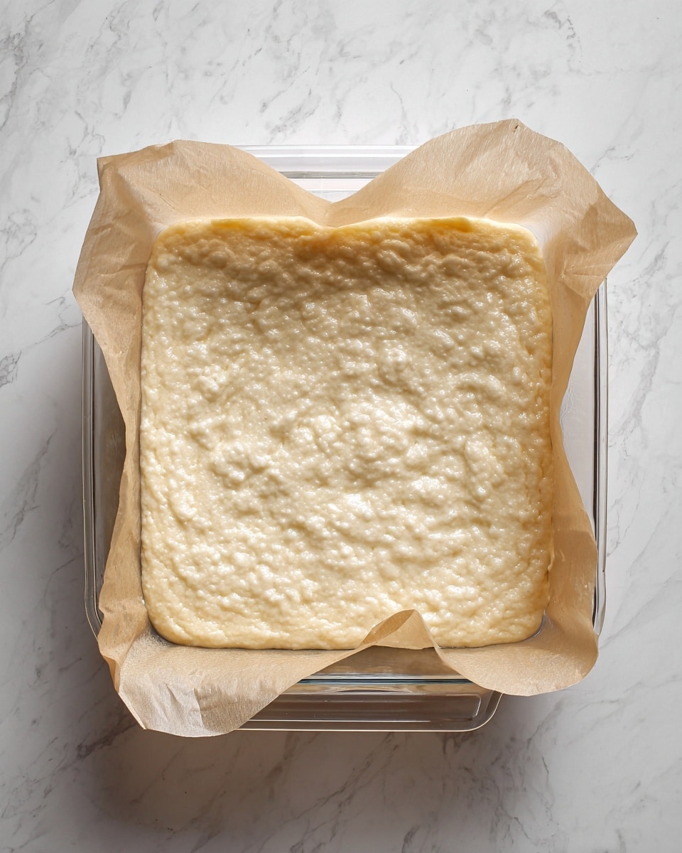 A glass square dish lined with light beige parchment paper shows a single thick layer of pale, bubbly batter spread evenly inside it, filling the dish nearly to its edges. The batter surface looks soft and airy with many small bubbles, giving a textured, slightly uneven look. The dish is placed on a white marbled surface. photo taken with an iphone --ar 4:5 --v 7