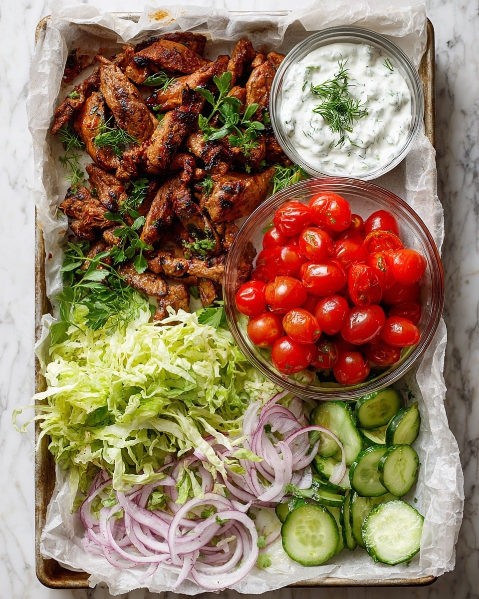 The image shows a large white tray with crinkled parchment paper holding several elements. On the top right, there is a pile of brown, grilled meat slices lightly sprinkled with green herb sprigs. Below it, near the center, a clear glass bowl is filled with bright red cherry tomatoes, some whole and some halved, showing their juicy insides. To the left of the tomatoes, there is another small clear bowl filled with a creamy white sauce garnished with fresh green herbs. Surrounding the tray are layers of fresh, thinly shredded green lettuce on the bottom left, thinly sliced light green cucumber rounds on the bottom right, and thinly sliced light purple onions on the bottom center. The tray sits on a surface with a white marbled texture. Photo taken with an iphone --ar 4:5 --v 7