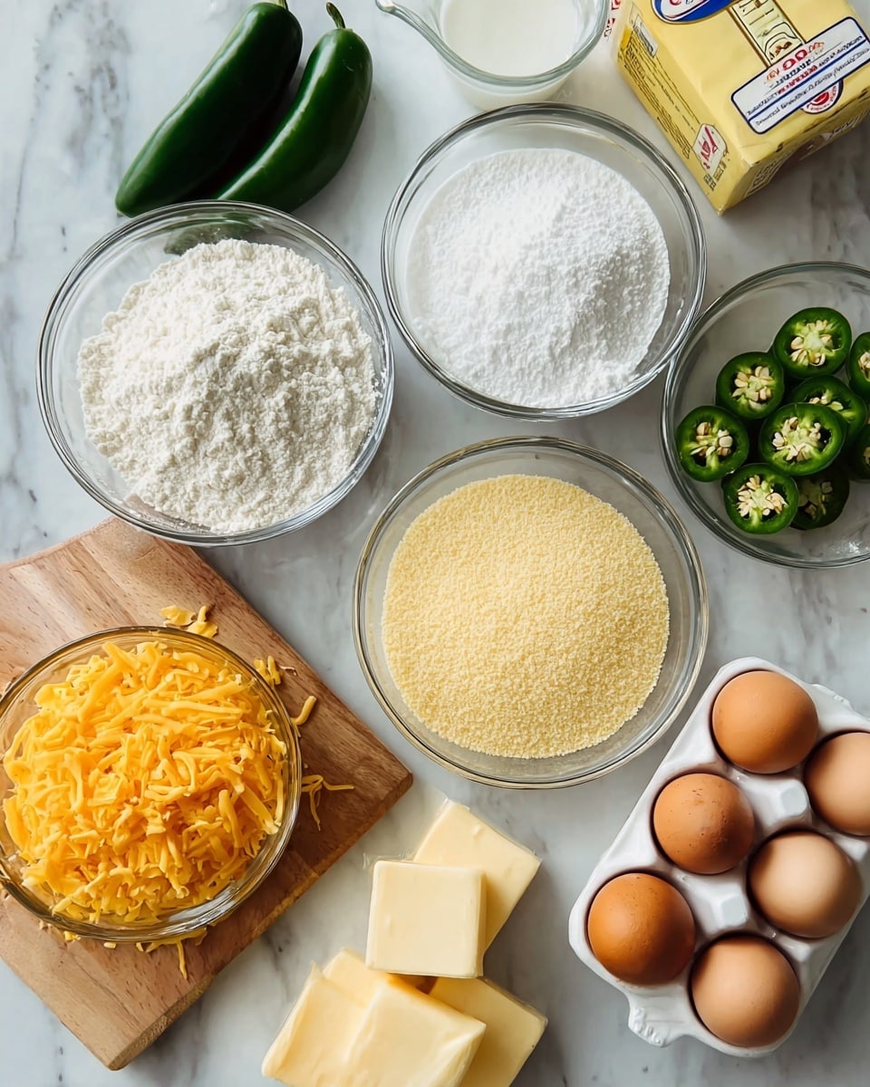 A top view of several ingredients placed on a white marbled surface. On the left, there are three clear glass bowls: the top one filled with white flour, the middle one with granulated white sugar, and the bottom one with pale yellow cornmeal. On the right side, there is a clear glass bowl filled with shredded orange cheddar cheese. Above the cheese bowl, there is a wooden cutting board with a whole jalapeño pepper and several sliced jalapeños showing seeds. On the far right, there is a yellow box of baking soda. Near the bottom right corner, a white ceramic egg holder contains six brown eggs, and in front of it, there is a partially unwrapped stick of yellow butter cut into small rectangular pieces. Above the cutting board, there is a glass measuring cup filled with a white liquid. The image is well-lit and clear, photo taken with an iphone --ar 4:5 --v 7