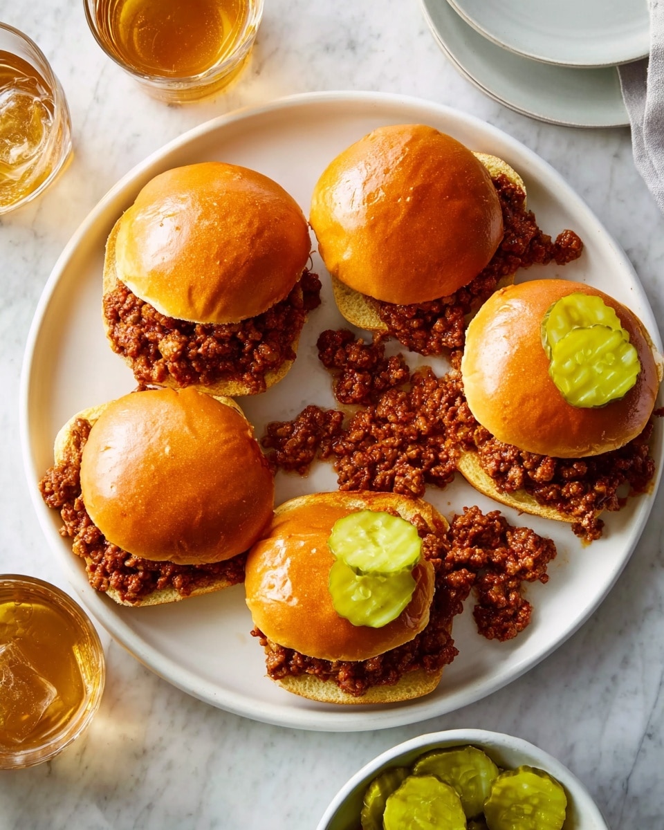 A close-up view of a dark round pan filled with a thick mixture of finely chopped cooked ground meat in a rich reddish-brown sauce, mixed evenly with small pieces of onion visible. A wooden spoon with a light brown handle rests on the pan, scooping some of the meat mixture. Around the pan are six shiny golden-brown hamburger buns, some closed and one open showing the soft yellow inside. On the side, there is a white bowl filled with thin, round green pickle slices in liquid. Everything is on a white marbled surface. Photo taken with an iphone --ar 4:5 --v 7