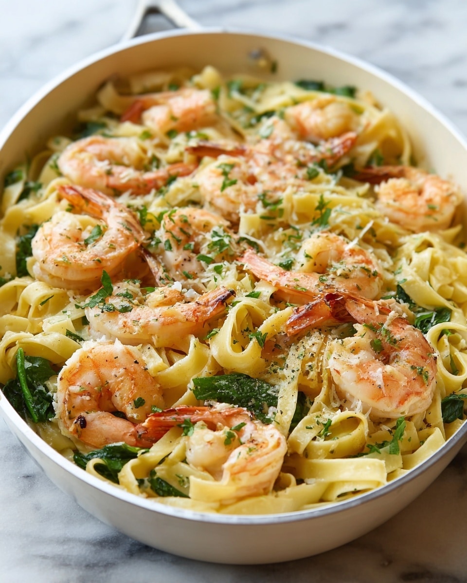 This dish shows many cooked shrimp that are orange with slight red tones, placed evenly on top of a pile of creamy light yellow fettuccine pasta. Mixed gently with the pasta are fresh green leafy herbs, adding a touch of color and freshness. The shrimp are seasoned lightly with black pepper and sprinkle of red chili flakes. The dish is in a white round pan, set on a smooth white marbled surface. photo taken with an iphone --ar 4:5 --v 7