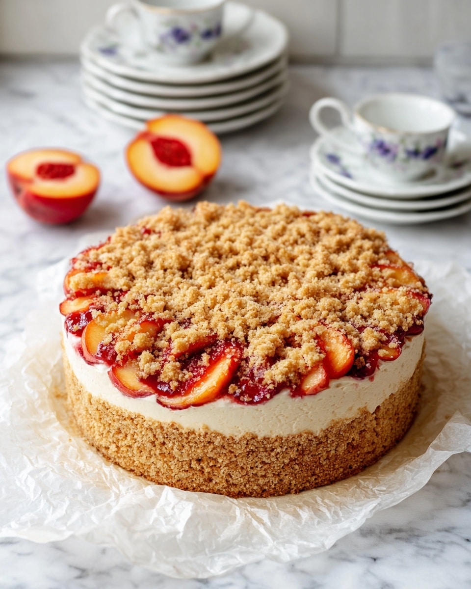 A round cake with a thick, golden brown crumb crust all around the side rests on crinkled parchment paper layered on a white marble surface. The top has three layers: the bottom cream-colored layer appears smooth and soft, the middle layer is filled with red and orange peach slices with juicy texture, and the top layer is covered in a chunky, light golden crumb topping. In the background, two white peach halves with red centers lie in front of neat stacks of plain white plates and white teacups with blue floral patterns on white saucers. Photo taken with an iphone --ar 4:5 --v 7