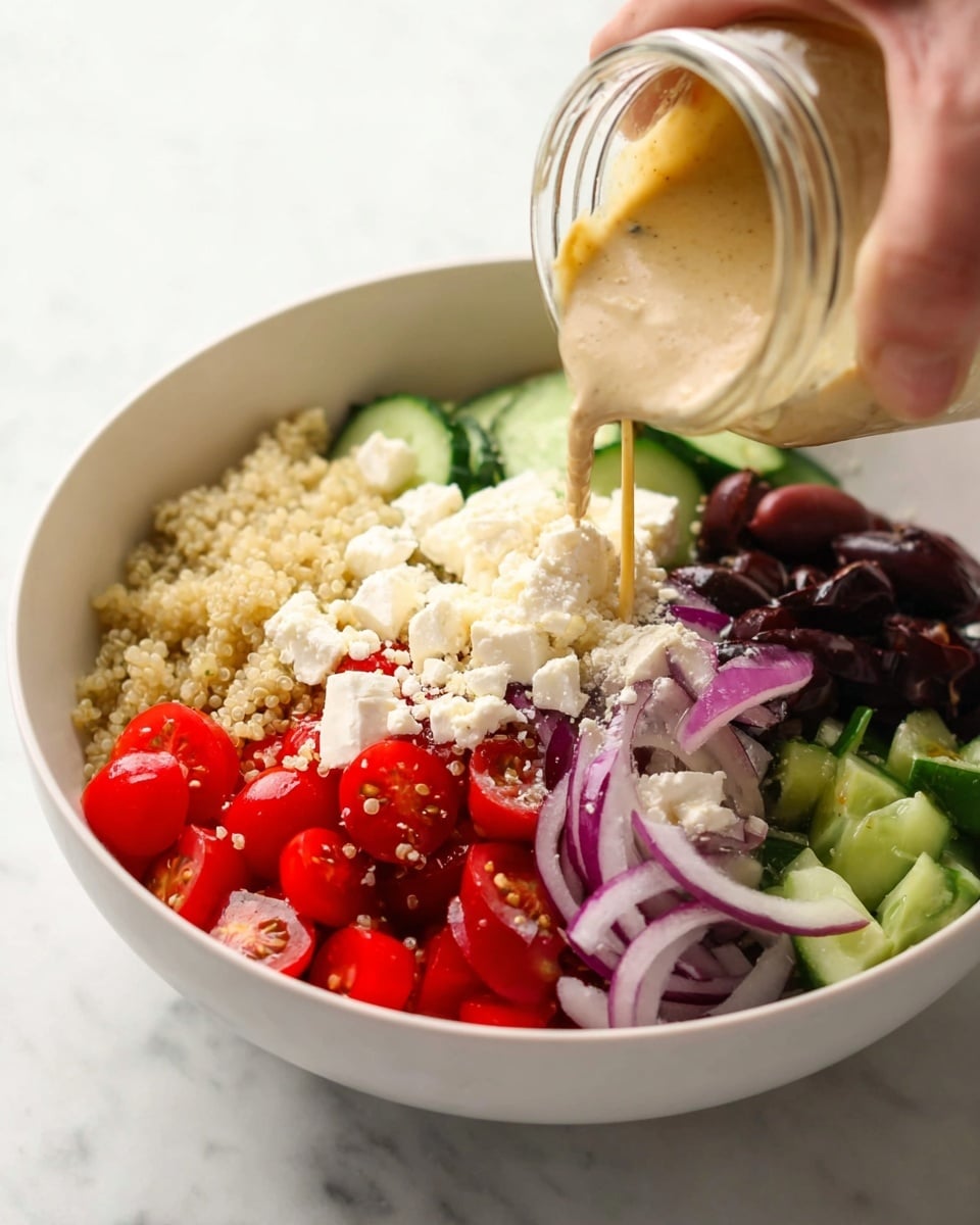 A white bowl sits on a white marbled surface filled with layers of colorful ingredients starting from a base of light beige quinoa, topped with green sliced cucumbers on one side, dark purple sliced olives next to crumbled white feta cheese, bright red halved cherry tomatoes, and thin rings of purple-red onions. A woman's hand is pouring a creamy beige dressing onto the salad from a glass jar, adding a smooth texture to the vibrant layers photo taken with an iphone --ar 4:5 --v 7