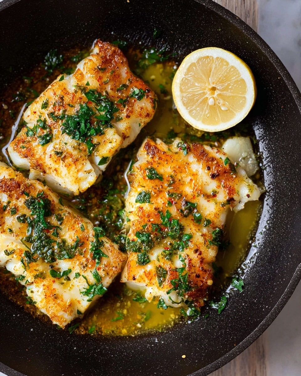 A close-up view of a black cast iron skillet on a white marbled surface, holding four pieces of golden brown cooked fish with a crispy texture on top, sprinkled generously with fresh green chopped herbs, possibly parsley. The fish sits in a pool of melted butter with visible bits of garlic and herbs. To the right in the skillet sits a lemon half, slightly glossy from juice. In the background, out of focus, there is a clear glass bowl filled with a colorful salad of bright green and red vegetables and white cheese chunks. Photo taken with an iphone --ar 4:5 --v 7