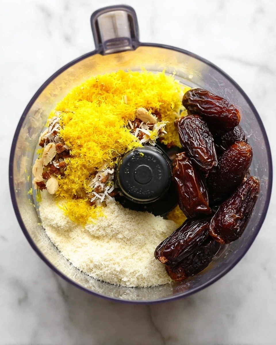 A top view of a food processor bowl filled with several ingredients before mixing. On the right side, there are several dark brown dried dates with a glossy, wrinkled texture. On the left, there is a bright yellow pile of lemon zest that looks finely grated. Below the lemon zest, there is a fluffy white layer of shredded coconut. Around the center, there are small clusters of off-white or light beige powdery almond flour. The food processor bowl is transparent with a black center blade visible, and it sits on a white marbled surface. photo taken with an iphone --ar 4:5 --v 7