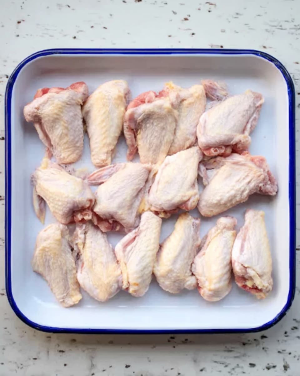A white rectangular tray with a blue rim holds twelve pieces of raw chicken wings arranged in two rows. Each chicken wing shows a mix of pale pink and white skin with some yellow fat and small reddish areas near joints, giving a fresh uncooked look. The tray is placed on a surface with a white marbled texture. Photo taken with an iphone --ar 4:5 --v 7