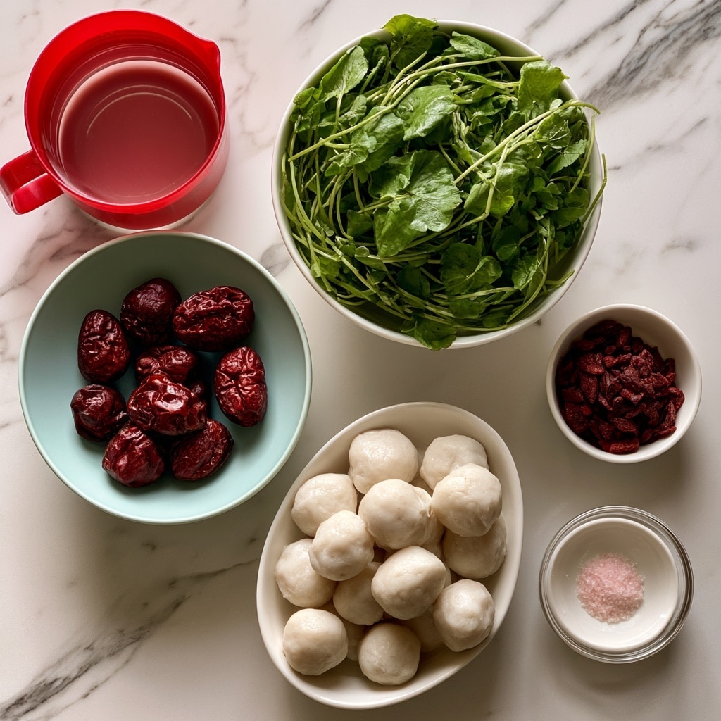 The image shows six groups of ingredients arranged on a white marbled surface. In the top left, a red measuring cup filled with clear water is beside a white bowl full of bright green watercress leaves with thin stems. Below the water, there is a pale blue bowl holding seven dried red dates with wrinkled skin and a dark reddish color. To the right of the watercress, a small white bowl contains dark red dried goji berries. Below the dried red dates, a white oval dish holds a pile of smooth white fish balls. Finally, to the right of the fish balls, a small clear glass bowl shows a little pink salt on a white dish. All items are spaced evenly with clear labels beside each group. Photo taken with an iphone --ar 4:5 --v 7