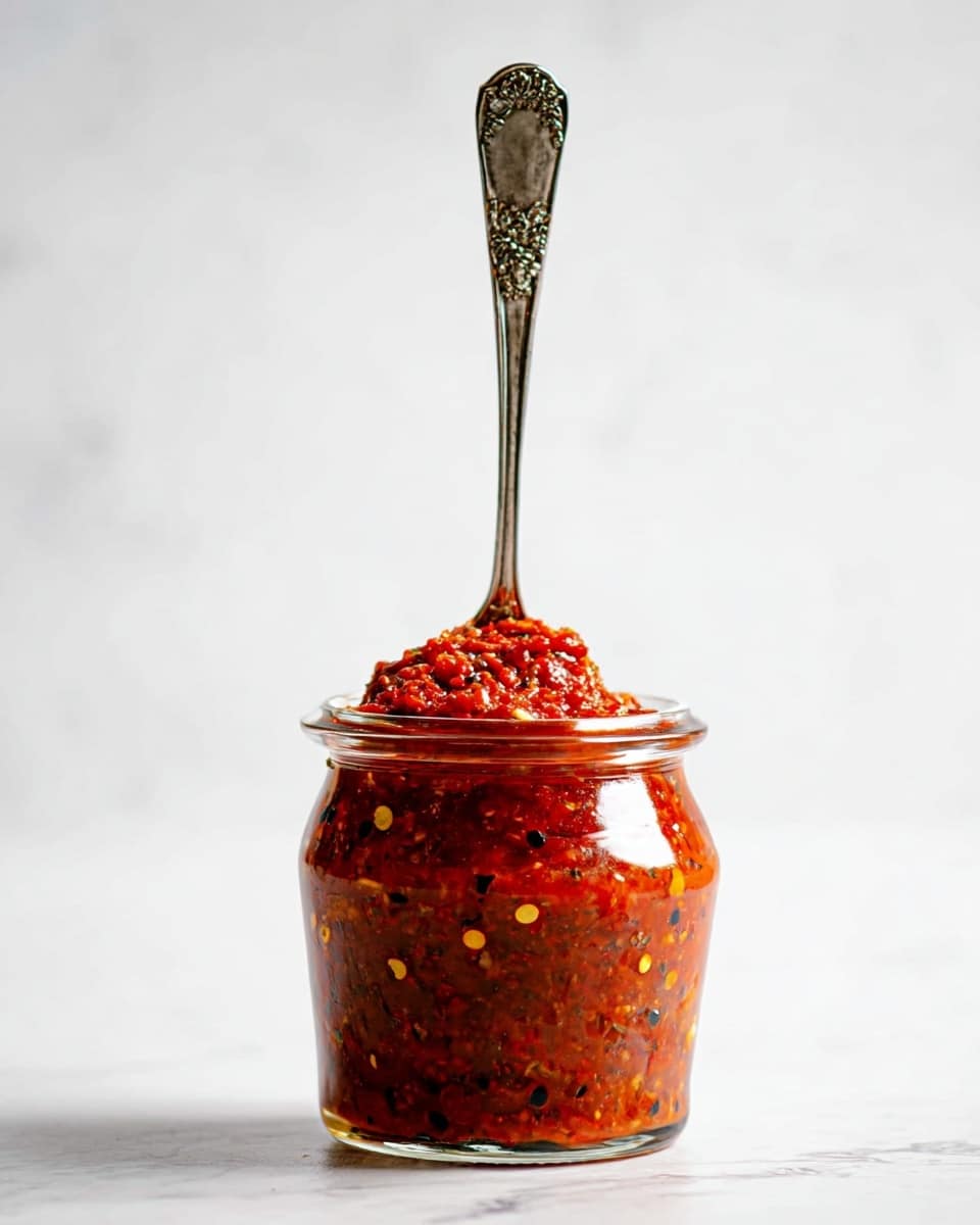 A clear glass jar filled with a coarse, red sauce speckled with black and yellow herbs and spices. A vintage silver spoon with a decorative handle is standing upright in the jar, with the sauce mounded at the top of the jar and on the spoon. The background and surface are a white marbled texture, giving a clean and bright look. photo taken with an iphone --ar 4:5 --v 7