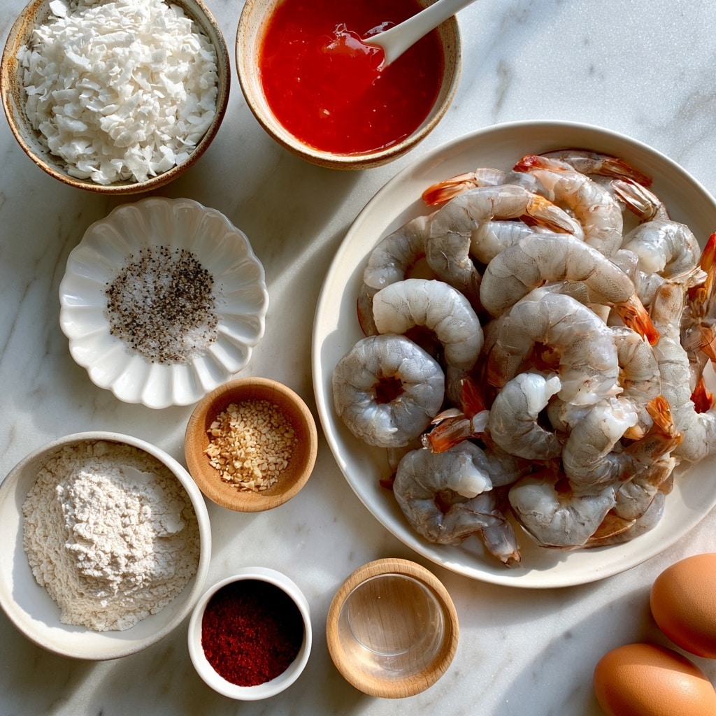 The image shows a flat lay of cooking ingredients placed on a white marbled surface, each in separate small bowls and plates arranged neatly. At the top left, there is a bowl filled with white coconut flakes, and next to it at the top right, a bowl holds bright red sweet and sour sauce with a white spoon inside. Below the coconut flakes, a small white scallop-edged plate contains a mix of salt and pepper, showing speckled black and white granules. To the right, a large white plate is filled with raw, peeled shrimp that are light gray with some orange highlights on the tails. Below the salt and pepper plate is a small wooden bowl filled with light brown garlic powder. Below the shrimp, a white bowl holds white flour; underneath that, a small white bowl contains deep red chili powder, and next to it, a small wooden bowl has clear water. At the bottom right corner, there are two brown eggs placed on the marble surface. The arrangement is clean and clear with good lighting. Photo taken with an iphone --ar 4:5 --v 7