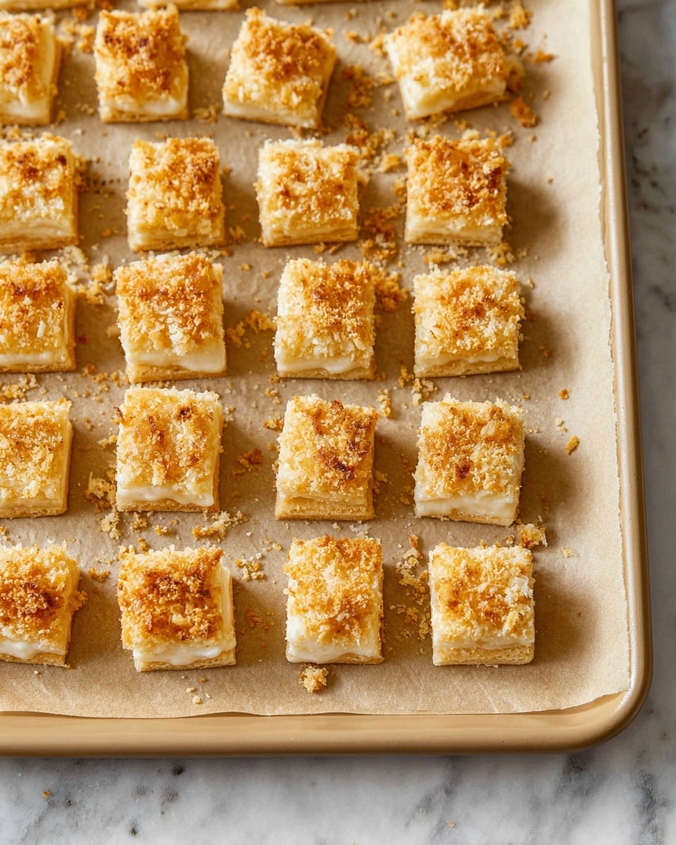 The image shows a small square piece of flaky pastry with three visible layers of light golden dough, topped with a golden crumbly layer that has a slightly rough texture. The pastry is placed on a white marbled surface, with small crumbs scattered around it. In the blurred background, there are more pieces of the same pastry, giving a soft warm tone to the setting. The focus is on the front pastry with crisp details and soft lighting. photo taken with an iphone --ar 4:5 --v 7
