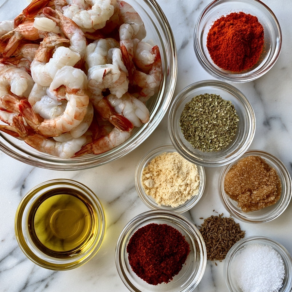 The image shows a top view of several small clear glass bowls arranged on a white marbled surface. The largest bowl at the top left is filled with raw shrimp, showing a mix of white and pinkish colors. To the right, there are two medium bowls: the top one holds bright reddish paprika powder, while the lower one contains greenish oregano flakes. Below these, in a smaller circle, is a pale yellow garlic powder, with brown sugar in a small bowl to the right of oregano. In the center bottom left is a medium bowl with golden olive oil. A medium bowl filled with dark red chili powder is between the garlic powder and the olive oil, while next to the chili powder on the right is a small bowl containing cumin seeds. A small bowl of salt with white granules is positioned in the bottom right corner. The labels in black text with white font name each ingredient. photo taken with an iphone --ar 4:5 --v 7