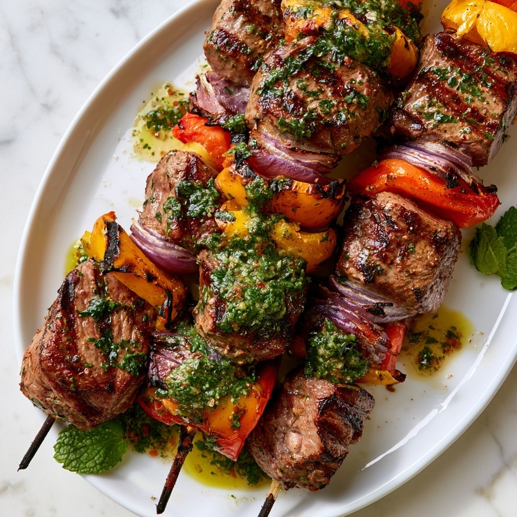 Several skewers lay across a white plate on a white marbled surface, each with layers of grilled meat, yellow bell pepper, red bell pepper, and purple onion. The meat is brown with grill marks and bits of green herbs on top, and some pieces are topped with a chunky green sauce that looks like chopped herbs and oil. The yellow and red bell peppers show burnt edges, while the onions have a slight char and purple tone. The skewers rest in small pools of oil and herbs, with fresh mint leaves placed near the plate edges. photo taken with an iphone --ar 4:5 --v 7