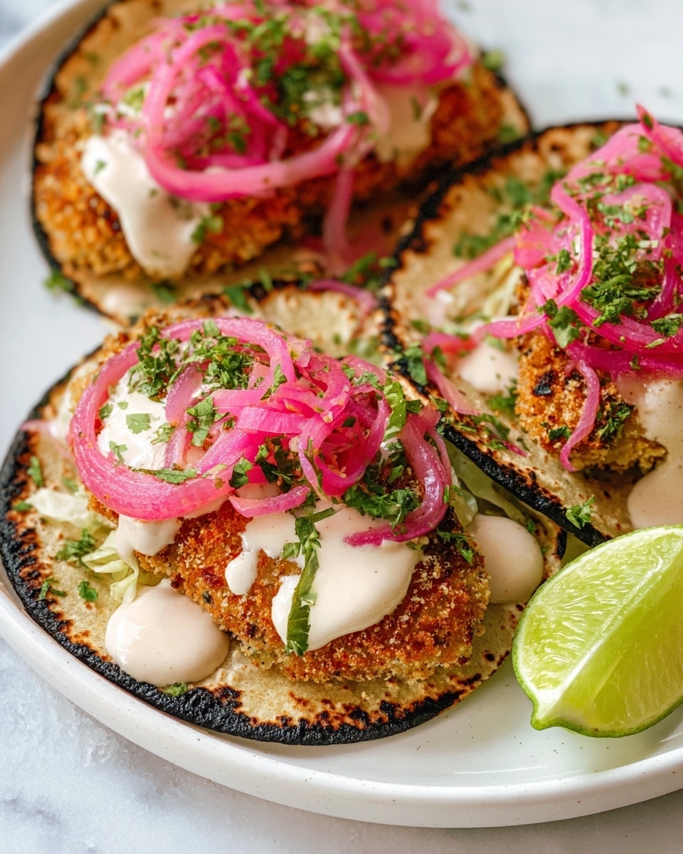 Three small tacos are shown on a white plate with a white marbled texture surface. Each taco has one lightly charred soft tortilla as the base, holding a crispy golden brown fried patty with a rough, crunchy texture. On top of the patties are thinly sliced bright pink pickled onions, followed by scattered green fresh herbs for color contrast. Creamy white sauce is dolloped on each taco in small amounts, adding smoothness to the layered look. At the corner of the plate, a slice of lime adds a fresh green splash to the scene. Photo taken with an iphone --ar 4:5 --v 7