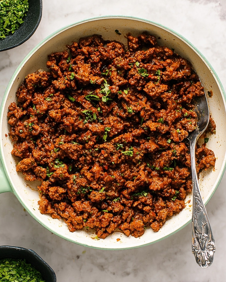 A white pan filled with cooked ground meat that is brown and slightly shiny from sauce, mixed with small bits of herbs scattered on top. The meat is broken into uneven chunks with some pieces larger than others, giving a textured look. A silver spoon with an ornate handle is partially buried on the right side of the pan, resting among the meat. The pan sits on a white marbled surface with small black bowls holding green chopped herbs partially visible in the corners. Photo taken with an iphone --ar 4:5 --v 7