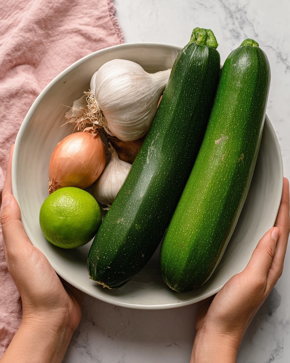 A white bowl holds five raw ingredients: two long, dark green zucchinis with smooth skin stand side by side on the right; to the left of the zucchinis are a whole garlic bulb, two light brown shallots with papery skins, and a round, shiny lime with a bright green color. Two woman's hands hold the edge of the bowl from the top left and bottom right corners. The bowl is placed on a white marbled surface with a light pink cloth partially visible near the bottom left corner. photo taken with an iphone --ar 4:5 --v 7