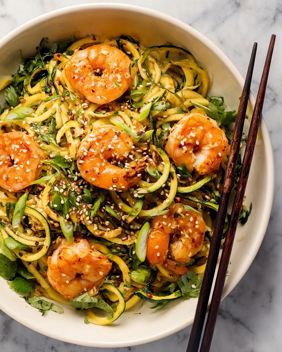 A white bowl filled with a bed of light yellow spiral zucchini noodles mixed with thin green slices of scallions and chopped herbs. On top, six cooked orange shrimp are arranged around the bowl, sprinkled with white sesame seeds and small chili flakes. Fresh green basil leaves and cilantro fill the lower part of the bowl, adding a leafy texture, while a pair of dark brown wooden chopsticks rest diagonally on the shrimp. The bowl sits on a white marbled surface. photo taken with an iphone --ar 4:5 --v 7