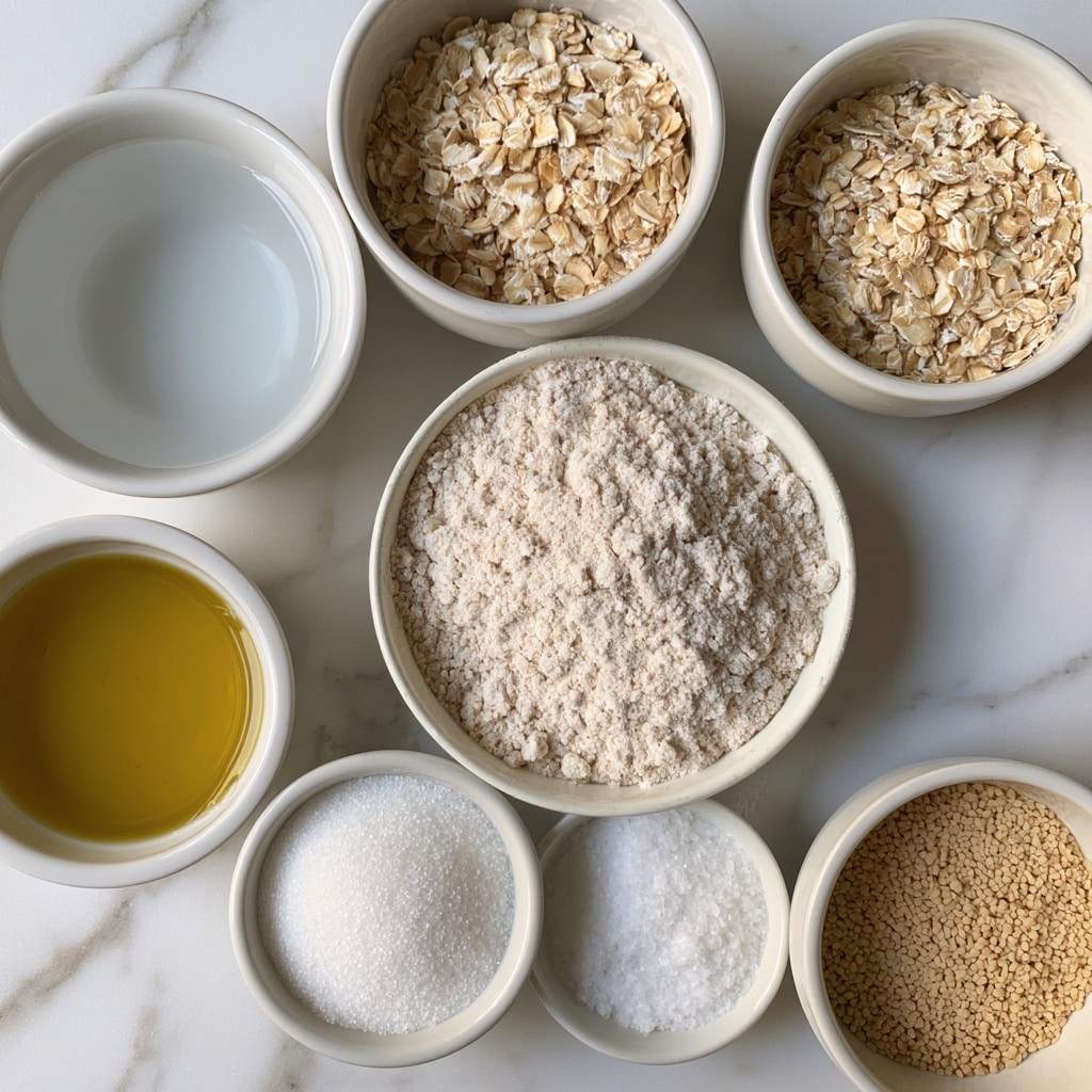 The image shows seven small white bowls with different ingredients placed on a white marbled surface. Starting from the top left, there is a bowl filled with clear warm water, followed by a bowl of light brown rolled oats to the right. Below these, in the center right, is a bowl filled with whole wheat flour, showing a slightly coarse, pale beige texture. To the bottom left is a small bowl of golden olive oil with a smooth texture. In the foreground below the flour is a small bowl of white granulated sugar with a crystalline look, while beside it to the right is a bowl of fine sea salt, white and powdery. Finally, at the bottom right is a bowl with beige active dry yeast, showing tiny granular particles. Each bowl is clearly labeled with captions over each ingredient. Photo taken with an iphone --ar 4:5 --v 7