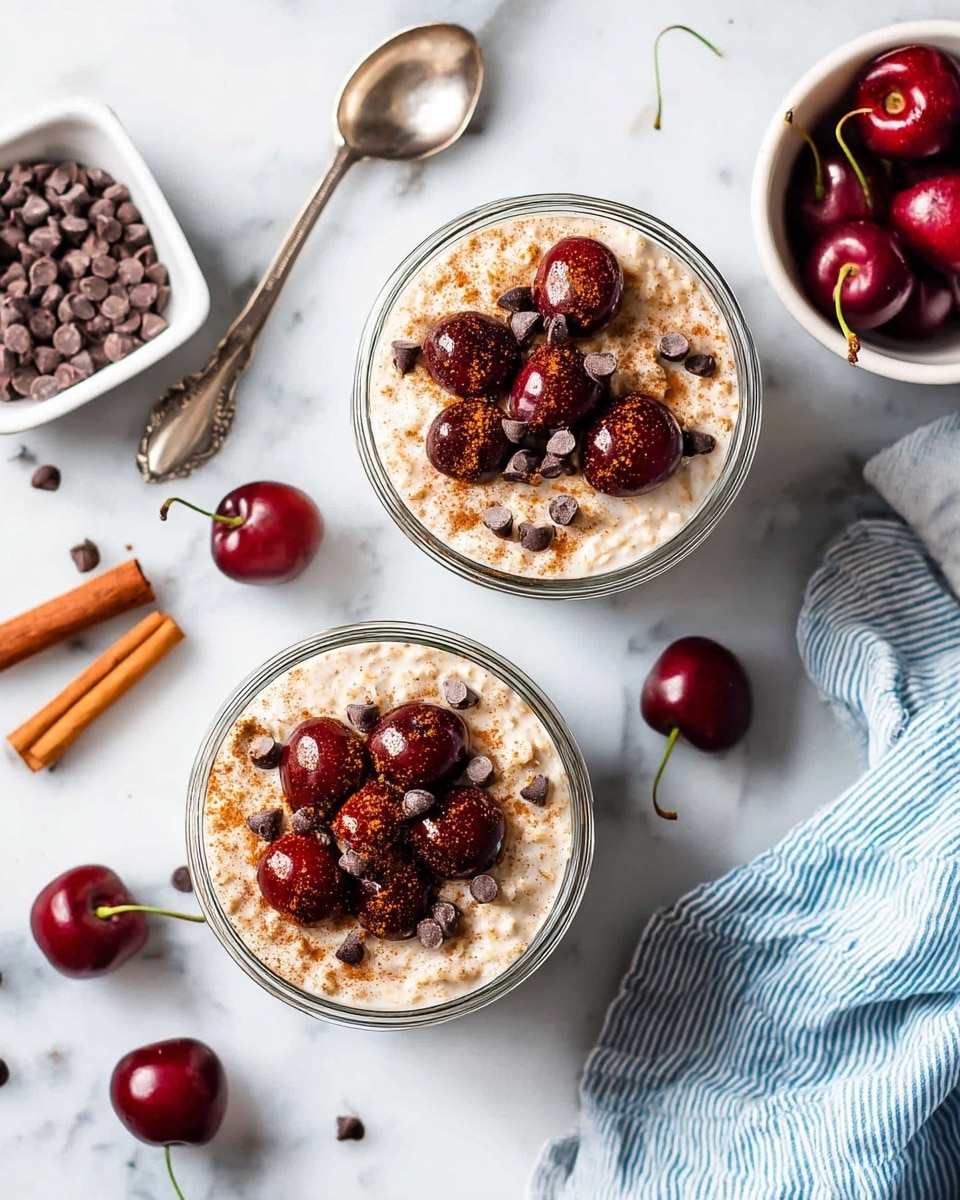Two clear glass bowls sit on a white marbled surface, each filled with three layers: a creamy beige oatmeal base, a light dusting of cinnamon on top, and on the very top, several dark red halved cherries and scattered dark brown chocolate chips. Around the bowls are whole dark red cherries, two cinnamon sticks crossed on the left side, a small white dish filled with chocolate chips at the top left, and a bowl of cherries to the top right. A silver spoon is placed above the bowls, and a blue and white striped cloth is spread on the bottom right corner. Photo taken with an iphone --ar 4:5 --v 7