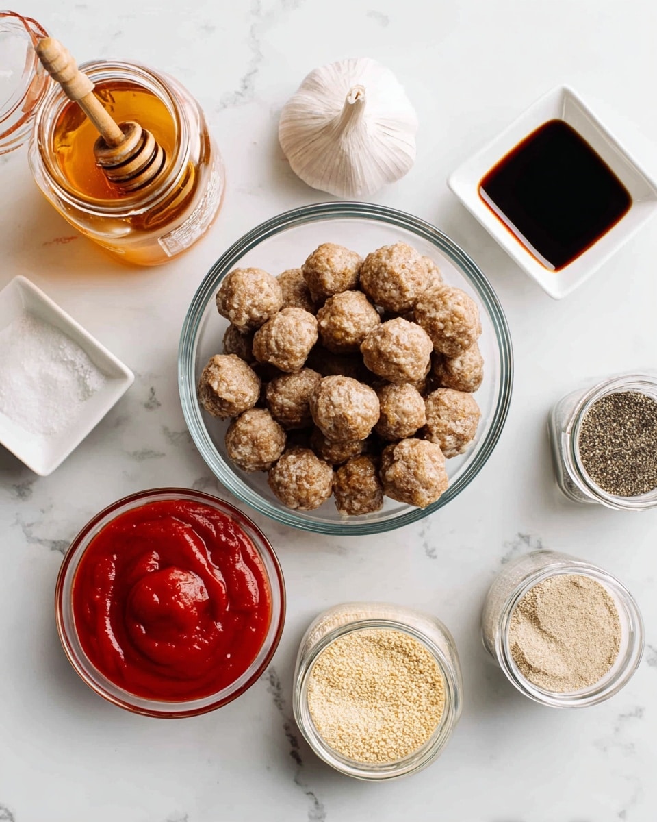 A clear glass bowl filled with many small, round, light brown meatballs is placed in the center on a white marbled surface. To the top left of the bowl is a glass jar with honey and a wooden dipper inside it. Below that is a small white square dish with dark soy sauce, and below it is a round glass bowl filled with bright red ketchup. To the right of the meatballs, there is a small white square bowl with beige breadcrumbs. Next to it are two clear glass spice jars, one labeled black pepper ground showing dark specks and the other garlic salt with a light beige powder. A whole garlic bulb lies between the spice jars and the ketchup bowl. photo taken with an iphone --ar 4:5 --v 7