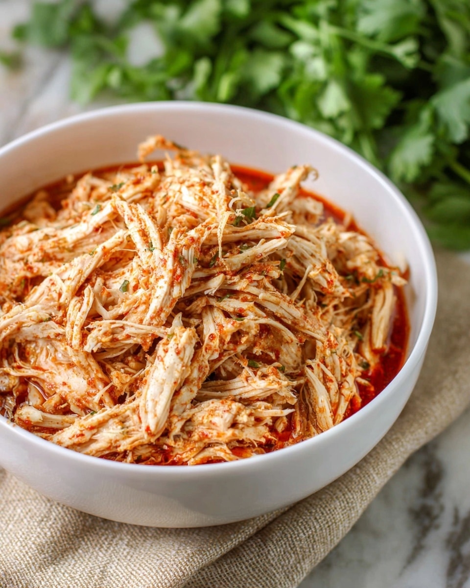 A white bowl filled with shredded cooked chicken sitting in red sauce, the chicken is light beige with some red sauce soaked in, making it look juicy and tender. The bowl is placed on a beige cloth on a white marbled surface, with blurred green herbs in the background. photo taken with an iphone --ar 4:5 --v 7