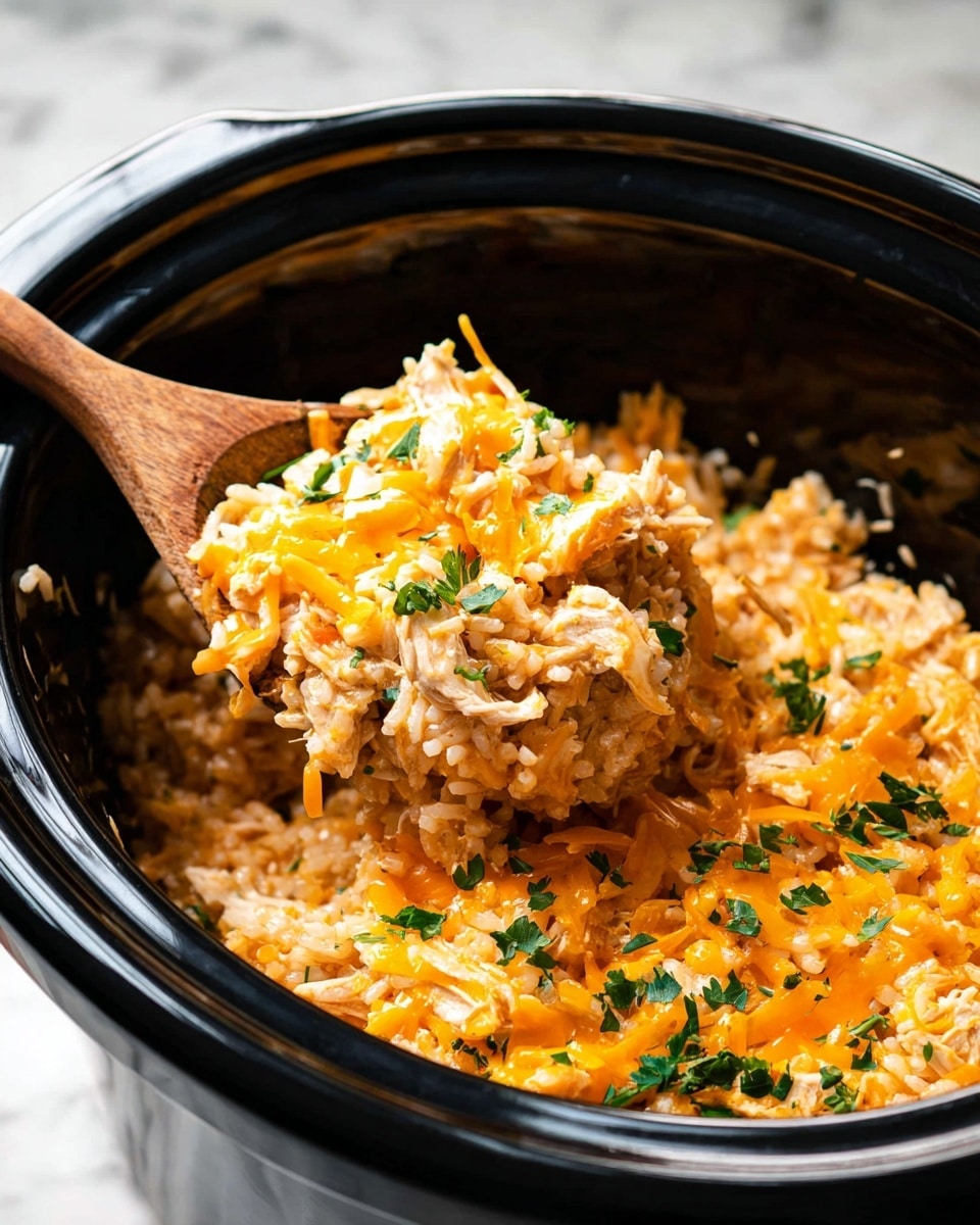 A close-up image of a black slow cooker filled with a creamy orange-colored rice dish mixed with light beige cooked chicken pieces, topped with bright orange melted shredded cheese and small green chopped herbs scattered on top. A wooden spoon inside the cooker scoops up a portion, showing the textured layers of soft rice, chicken chunks, and cheese melted together. The background is a white marbled surface. Photo taken with an iphone --ar 4:5 --v 7