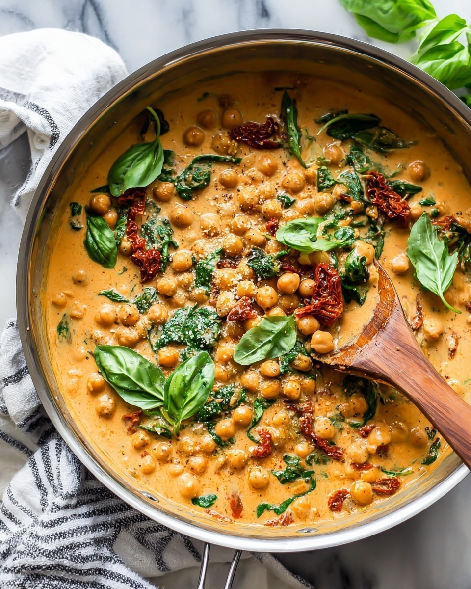 A stainless steel pan filled with a creamy chickpea dish showing a thick orange sauce with small bits of spices. The dish has three main visible layers: round beige chickpeas, bright green spinach leaves, and pieces of sun-dried tomato with a slightly chewy texture. On top, there are fresh whole green basil leaves scattered around and a wooden spoon partially dipped into the sauce with some sauce coating the spoon’s surface. The pan sits on a white marbled surface with a striped cloth partially visible underneath. Photo taken with an iphone --ar 4:5 --v 7