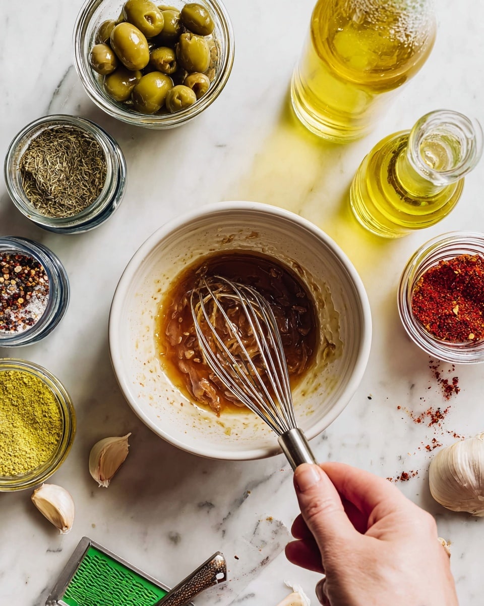 A white bowl sits on a white marbled surface with a mix of a brown liquid and some spices inside, being stirred by a whisk held by a woman's hand with light skin. Around the bowl, there are several small glass jars with various ingredients: green large olives, yellow mustard, dried green herbs, and red pepper flakes. Two glass bottles with amber and yellow liquids are also on the surface. A green small grater and some garlic cloves can be seen near the bowl. The scene is well-lit, showing the textures and colors of each ingredient clearly. Photo taken with an iphone --ar 4:5 --v 7