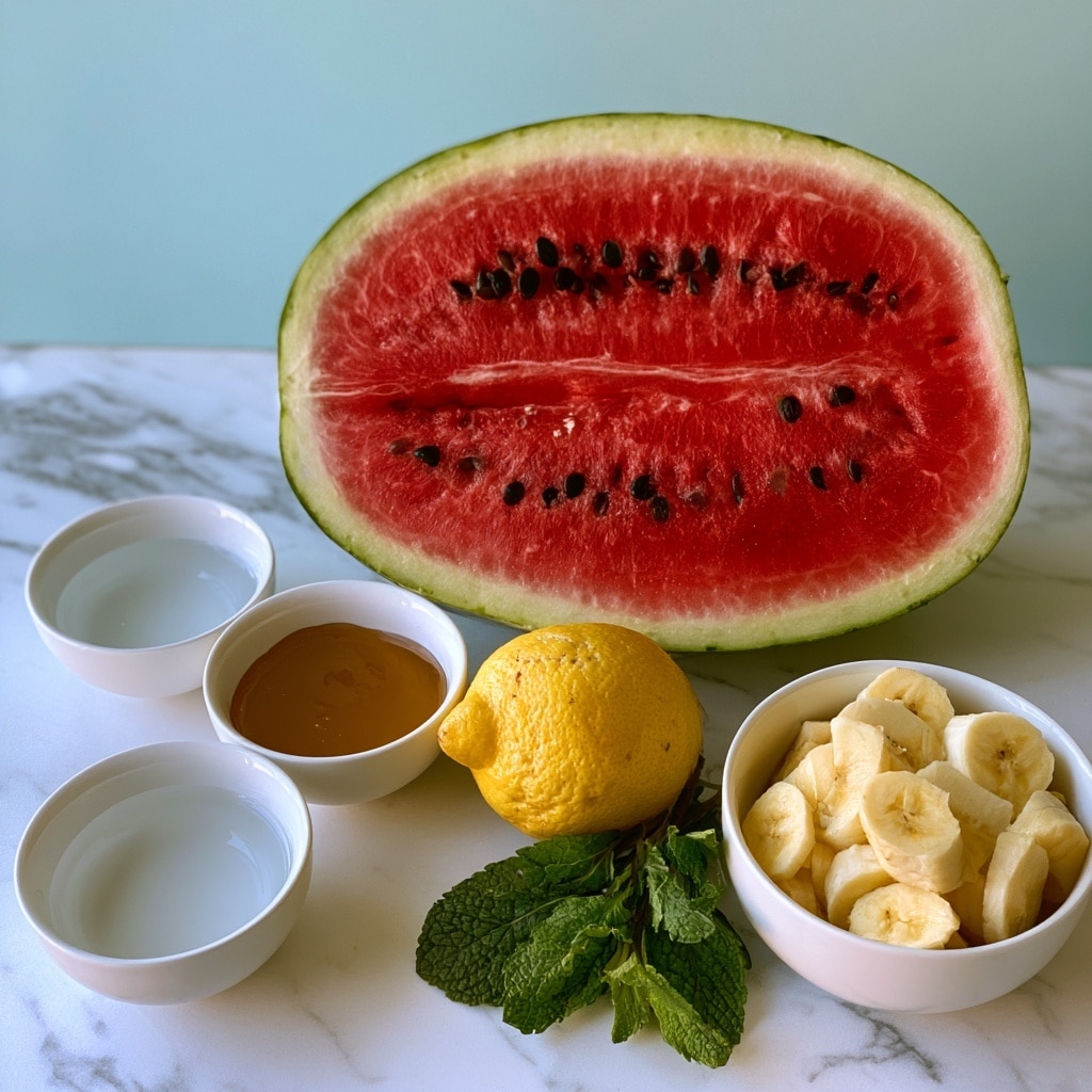 The image shows a large watermelon half with a green rind and deep red inside filled with black seeds, placed on a white marbled surface. Below the watermelon, from left to right, there is a small white bowl with clear water, another white bowl with thick honey that is amber in color, a whole bright yellow lemon with a slightly rough texture, a small bunch of fresh green mint leaves with visible veins and stems, and a white bowl filled with pale yellow banana slices. The arrangement is neat and each item is clearly visible, placed against a soft light blue background. Photo taken with an iphone --ar 4:5 --v 7