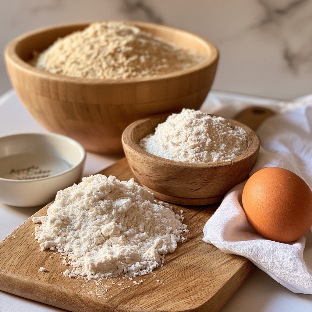 The image shows a wooden board with several baking ingredients arranged in simple bowls and on a cloth, all set against a white marbled texture. At the back, there is a large wooden bowl filled with a heap of beige almond flour. In front of it, a smaller wooden bowl holds a mound of white coconut flour mixed with white xanthan gum and baking powder, visibly fluffy and powdery. To the left, a small white bowl contains a clear liquid labeled apple cider vinegar. To the right, an orange-brown egg rests on a white cloth, adding a warm tone to the setup. The light is soft and natural, making the textures of the powders and the egg shell clear and inviting. Photo taken with an iphone --ar 4:5 --v 7