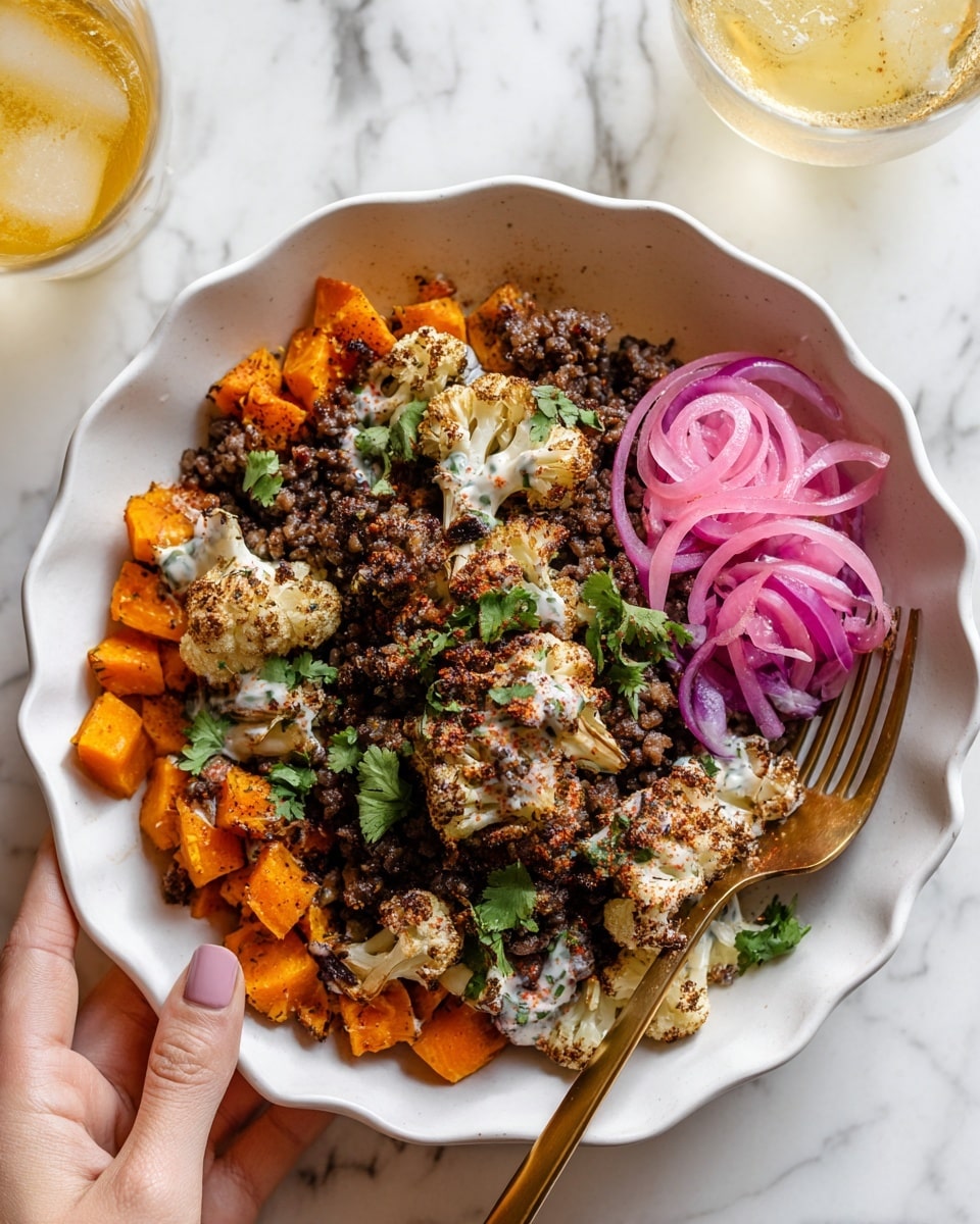 A white scalloped bowl holds a layered dish starting with bright orange roasted sweet potato cubes at the bottom. On top of that is a layer of dark browned ground meat mixed with small charred cauliflower pieces. Over the meat, there is a creamy dressing with herbs, joined by some pink pickled onion slices to one side. The dish is sprinkled with fresh green cilantro leaves and a reddish spice powder. A gold spoon rests inside the bowl, and a woman's hand holds the bowl from the bottom left corner. The bowl is set on a white marbled surface with a yellow drink in a clear glass in the background. Photo taken with an iphone --ar 4:5 --v 7