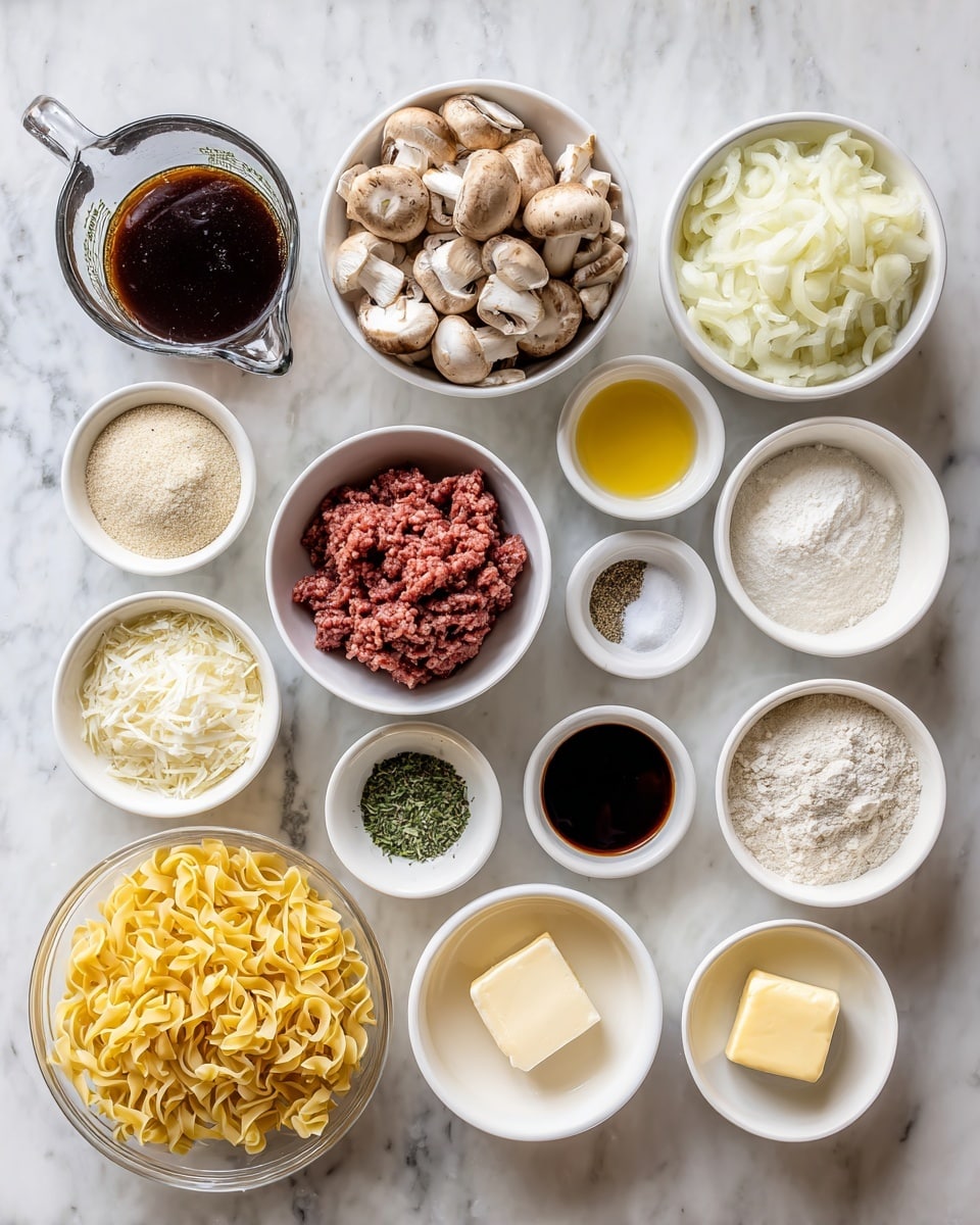 In the image, there are 15 containers of different sizes arranged on a white marbled surface. Starting from the top left, there is a clear glass measuring cup filled with dark brown liquid, next to it a white bowl filled with sliced light brown mushrooms, and to the right a white bowl filled with chopped white onions. Below the measuring cup is a small white bowl with a light beige powder, next to it a similar bowl containing small white granules, to the right is a white bowl with salt, and next to it, a white bowl with a small amount of clear yellow liquid. Moving down, there is a white bowl with white flour, a white bowl in the center with raw reddish ground meat, next to the meat a small white bowl holding dark brown soy sauce, and to the right a white bowl with cracked black pepper. Below these are a white bowl with pale green chopped herbs, a white bowl with light brown mustard-like paste, and a white bowl with yellow whisked egg liquid. At the bottom of the image, there is a large clear bowl filled with uncooked yellow curly pasta. A white bowl with off-white grains and a white bowl with a small cube of butter are also visible along the edges. photo taken with an iphone --ar 4:5 --v 7