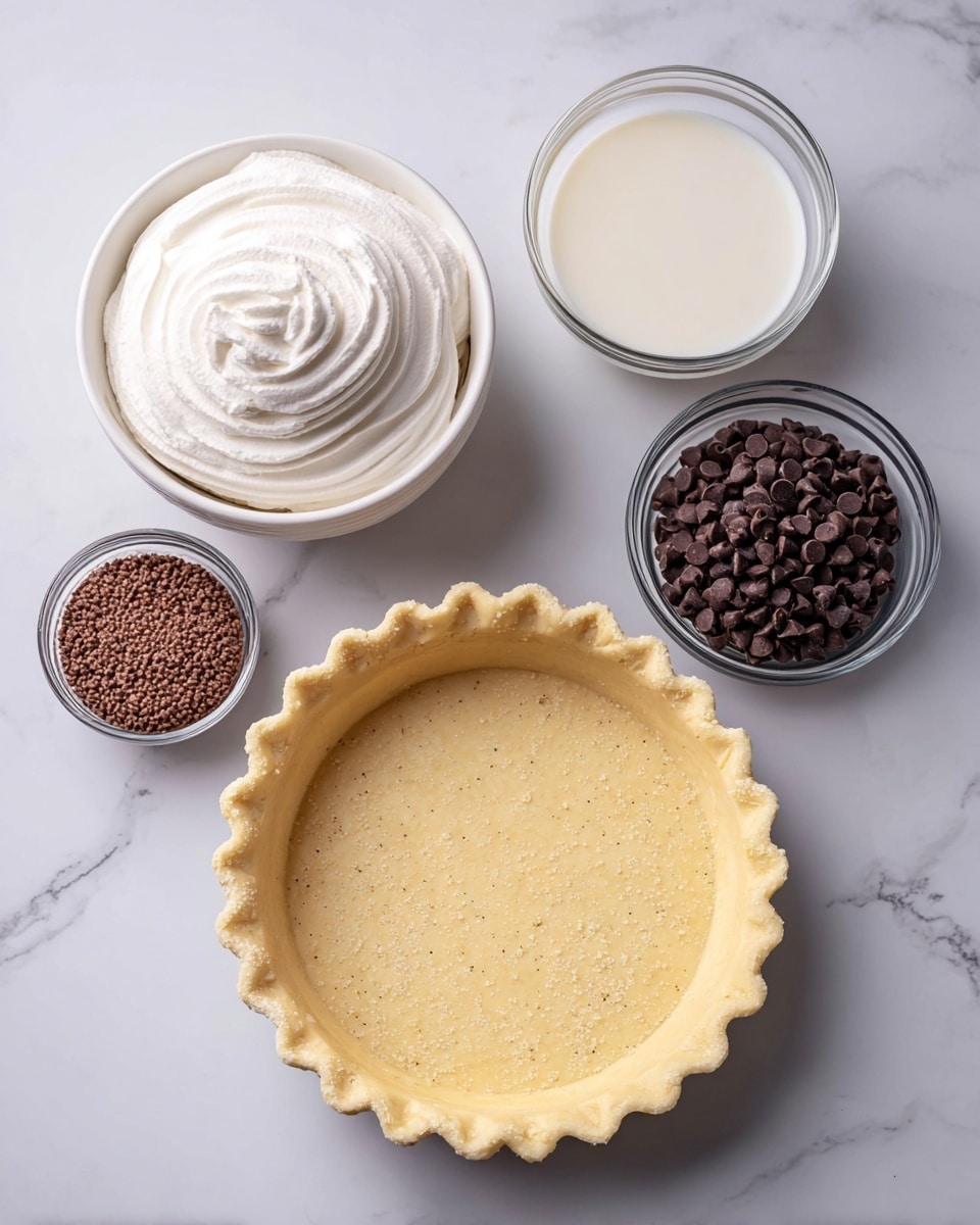The image shows five items arranged on a white marbled surface. At the bottom center is a single frozen pie crust with a light yellow color and slightly speckled texture, crimped edges forming a neat circle. Above it to the left is a white bowl filled with frozen whipped topping, smooth and white with soft peaks. To the top center, there is a clear glass bowl containing cold milk, white and smooth on the surface. To the top right is a brown paper package with two sealed instant chocolate pudding mix packs inside. Below the package to the right is a small clear bowl filled with miniature dark brown chocolate chips. Photo taken with an iphone --ar 4:5 --v 7