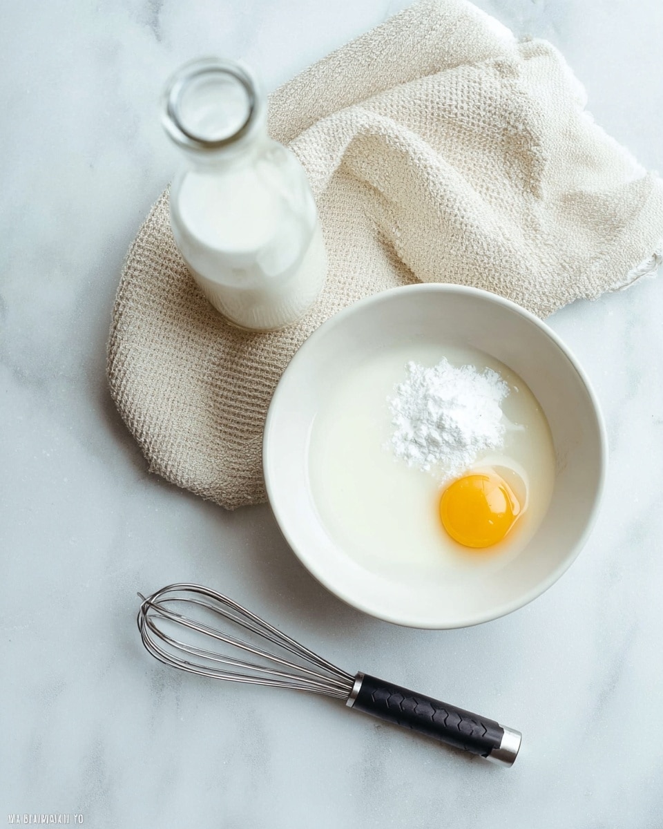 A white bowl sits on a white marbled surface, holding three main ingredients: a bright yellow egg yolk on the right, a small mound of white powder in the center, and a creamy white liquid filling the rest of the bowl. To the left of the bowl, a clear glass bottle filled with white liquid rests on a beige textured cloth. Below the cloth is a black and white measuring spoon, and to the right of the bowl lies a silver metal whisk. The scene feels clean and simple, with soft natural light. photo taken with an iphone --ar 4:5 --v 7