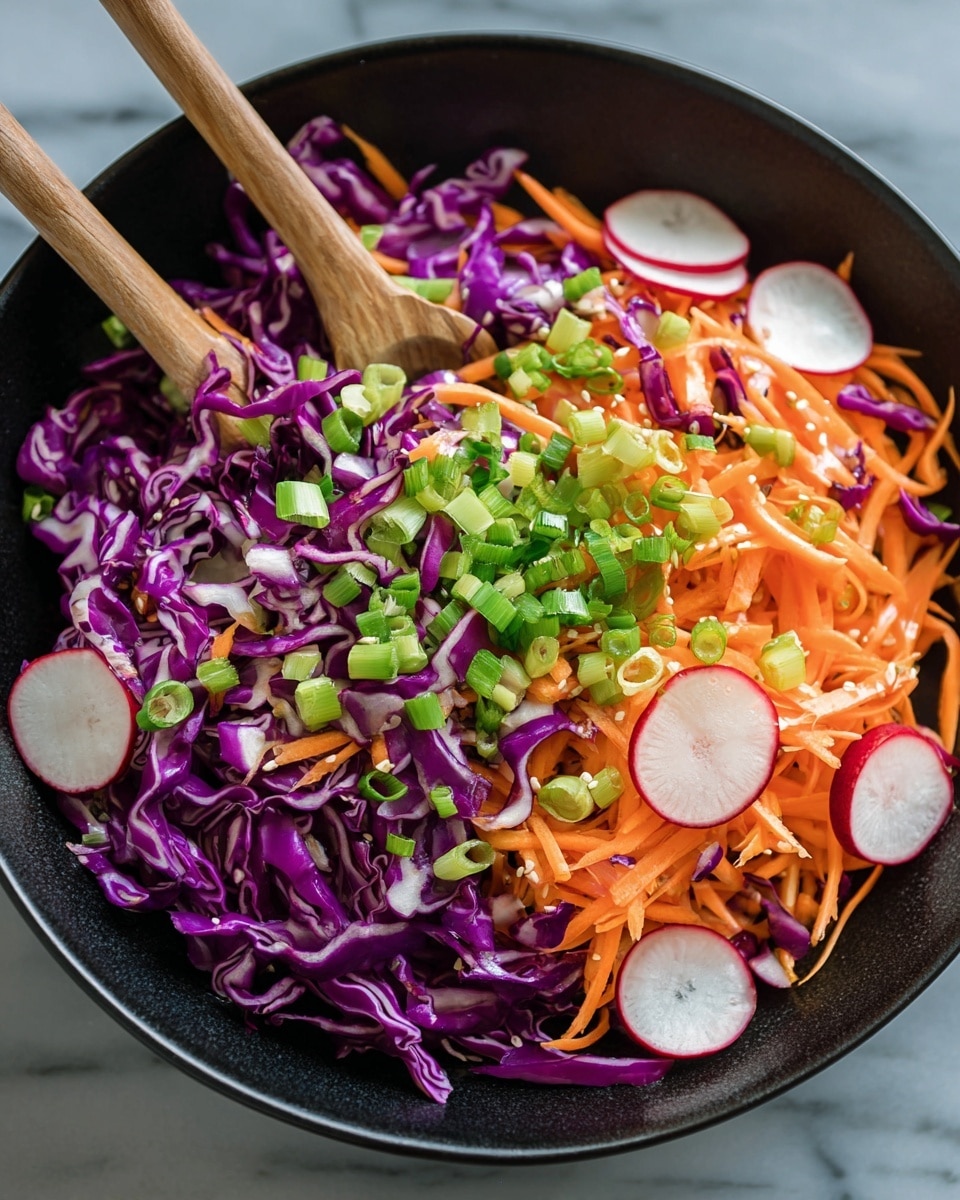 A close-up of a black bowl filled with a colorful salad showing three main layers: at the bottom are thinly sliced round radish pieces with white centers and red edges, next is a layer of shredded bright purple cabbage with a crinkled texture, and on top are thin orange carrot strips mixed with bright green chopped scallions scattered throughout. A golden-yellow dressing with visible black specks is being poured over the salad from a glass container near the top right of the image. The bowl sits on a white marbled textured surface. Photo taken with an iphone --ar 4:5 --v 7