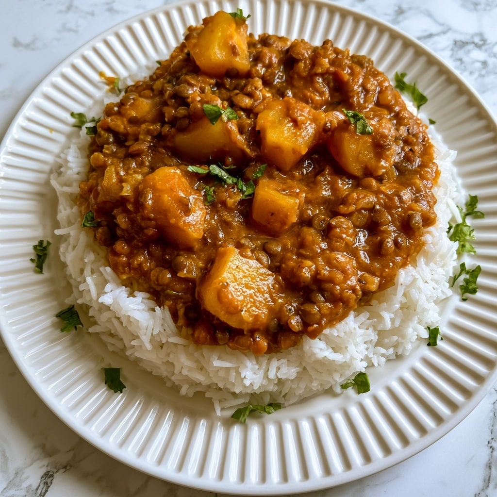 A white fluted plate holds a neatly shaped mound of white rice as the bottom layer. On top, there is a thick, chunky lentil and potato stew with an orange-brown sauce, showing visible pieces of soft potatoes and lentils. Small green herb leaves are placed as a garnish on the stew and scattered around the edge of the plate. The plate sits on a white marbled surface. photo taken with an iphone --ar 4:5 --v 7