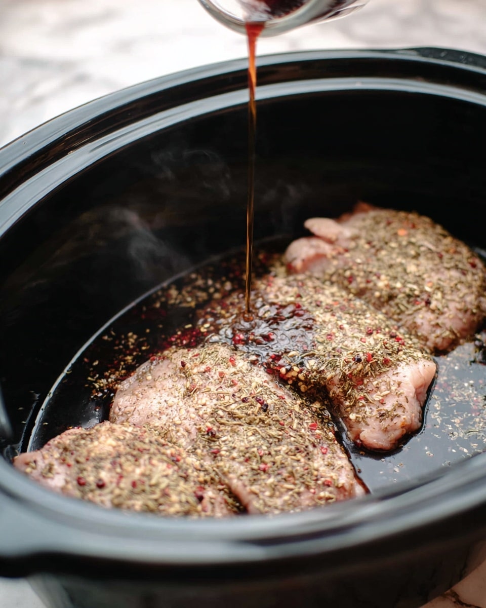 Inside a black slow cooker, four thick pieces of pale pink meat lay flat, each covered with a mix of dry herbs and small red pepper flakes, adding specks of green and red on top. Dark brown liquid is being poured over the meat from above, creating a shiny wet layer that spreads slowly over the textured dry herbs. The inside of the cooker has a smooth, dark surface that contrasts with the seasoned meat. The image is focused closely on the pouring action, with soft steam rising slightly from the warm food. The background shows a white marbled surface surrounding the cooker. photo taken with an iphone --ar 4:5 --v 7