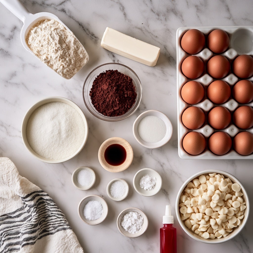 A flat lay of baking ingredients on a white marbled surface, featuring a white scoop filled with white flour at top left, a white egg carton with ten brown eggs on the right, a small clear bowl with dark brown cocoa powder in the middle, a white stick of butter above center right, a white round bowl with white sugar near center left, a small light wooden bowl with dark vanilla extract below that, and several small white bowls holding baking soda, salt, cream of tartar, baking powder scattered near the bottom. A small bottle with red food coloring and a white round bowl filled with white chocolate chips sit on the lower right. A white cloth with black stripes is partially visible in the bottom left corner. All elements are neatly arranged with handwritten text labels in black identifying each ingredient. Photo taken with an iphone --ar 4:5 --v 7