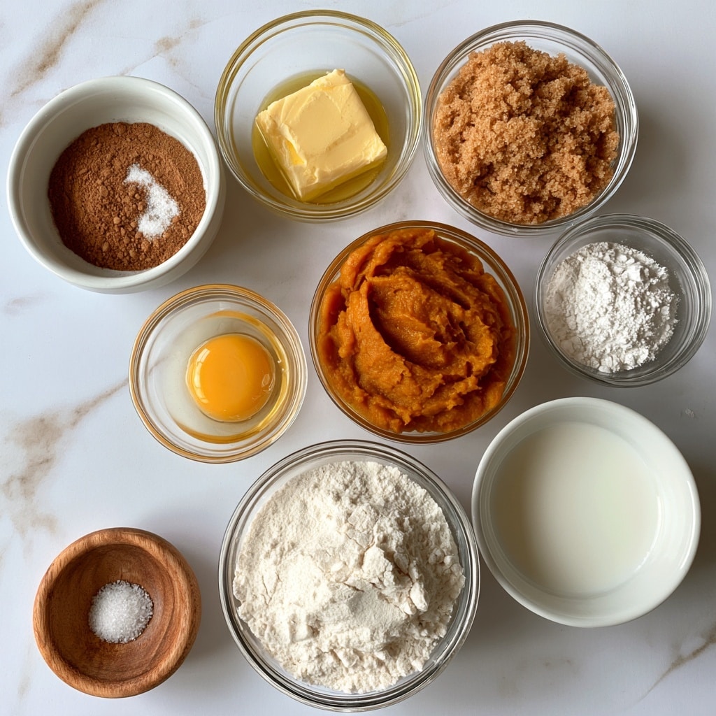 The image shows nine small clear glass and white bowls arranged on a white marbled surface, each holding different baking ingredients. Starting from the top left, there is a white bowl with a light brown cinnamon powder mixed with white salt. To its right, a clear glass bowl contains melted yellow butter. Next is another clear bowl filled with light brown soft brown sugar. To the right is a small clear bowl with white baking powder. Below the cinnamon bowl, a small clear bowl contains a raw egg with a bright yellow yolk and clear whites. Next to it is a clear bowl with smooth, deep orange pumpkin puree. Below the butter, a larger clear bowl holds white flour with a soft powdery texture. To the left of the pumpkin, a clear bowl contains white milk. Finally, a very small wooden bowl on the bottom left holds a small amount of white salt crystals. photo taken with an iphone --ar 4:5 --v 7