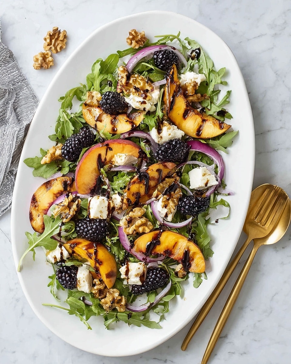 On a large white oval plate set on a white marbled surface, a salad is layered starting with a base of green arugula leaves spread across the plate. On top, there are grilled peach slices with golden-brown char marks, white chunks of soft cheese, and black blackberries evenly scattered. Thin slices of red onion add light purple color in lines over the salad. Small clusters of golden-brown walnuts are placed throughout, with a drizzle of dark balsamic glaze lightly covering the ingredients. A gold spoon and fork rest on the right side of the plate. Photo taken with an iphone --ar 4:5 --v 7