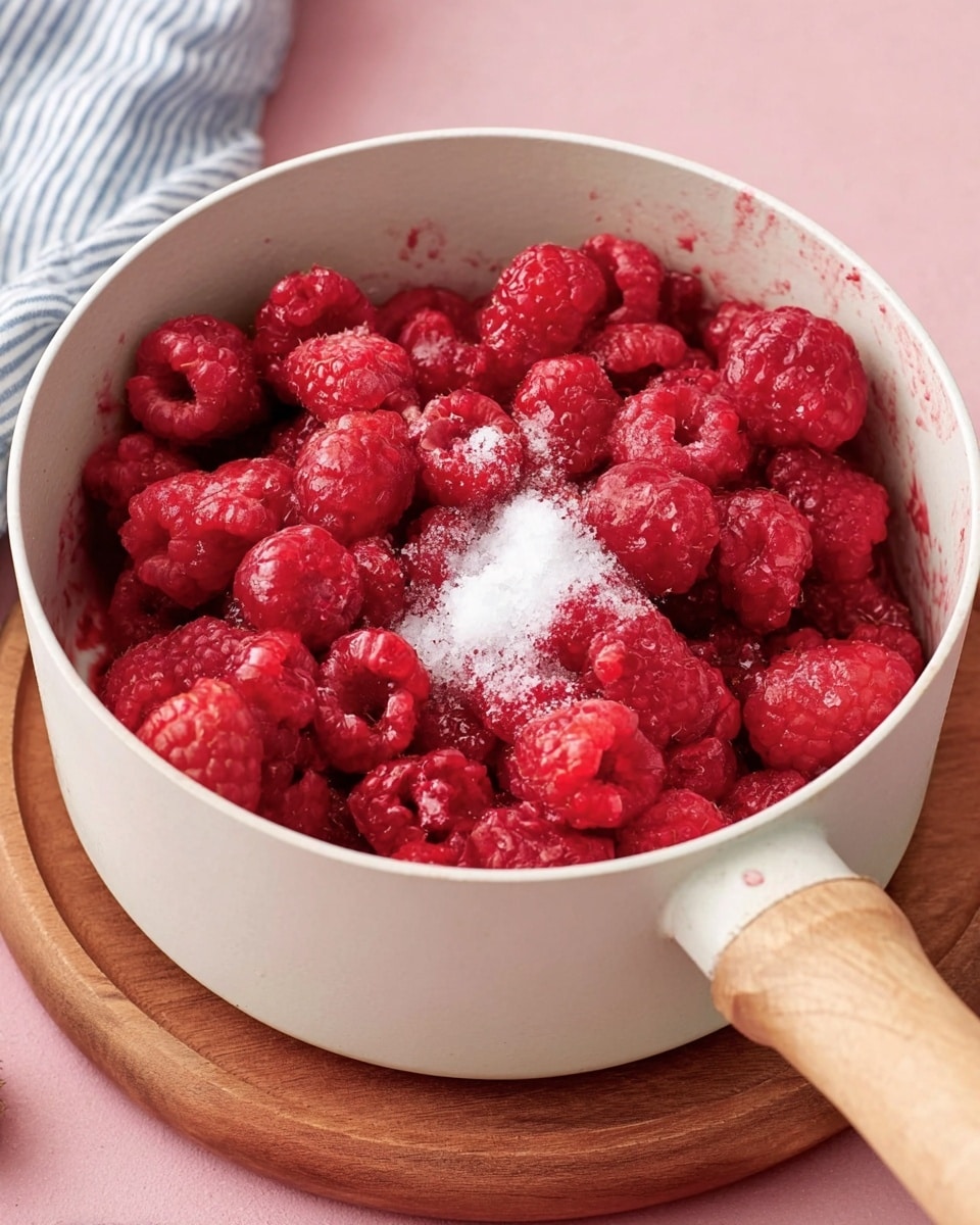 A white pot filled with bright red raspberries that look fresh and juicy, some whole and some broken, with a small pile of white sugar sprinkled on top in the center. The pot has a light wooden handle and sits on a round wooden board. The scene has a soft pink background with a bit of a blue and white striped cloth showing on the upper left side. The raspberries inside the pot appear wet and shiny with a rich red color. photo taken with an iphone --ar 4:5 --v 7