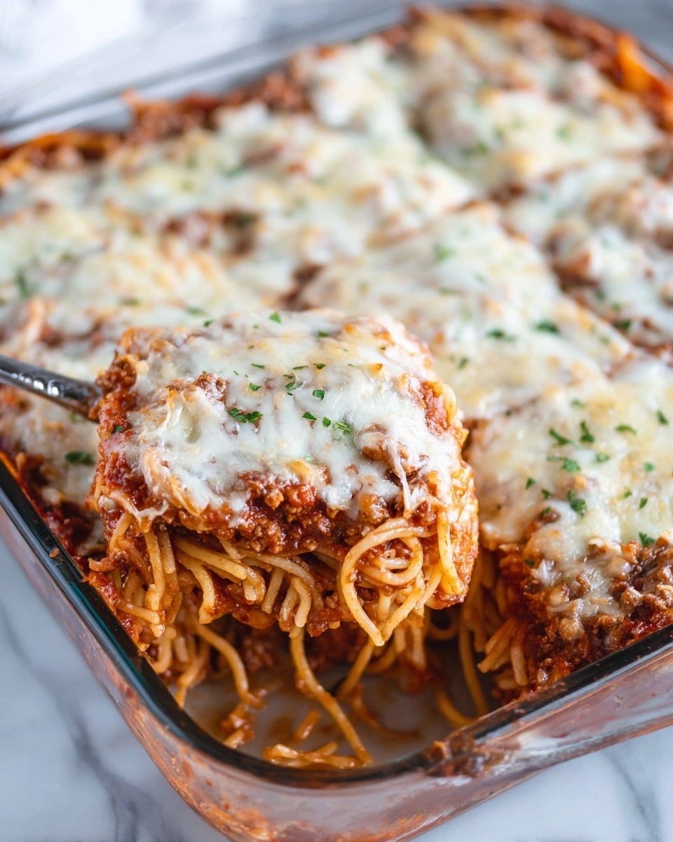 A rectangular clear glass baking dish filled with a layered spaghetti casserole is shown with one corner scooped out. The bottom layer is long thin spaghetti noodles mixed with a rich red tomato sauce. Above that is a thick layer of ground meat in a reddish sauce. The top layer is white melted cheese with some bits of green herbs sprinkled on it. The dish is placed on a white marbled surface and there is a woman's hand holding a serving piece in the foreground. Photo taken with an iphone --ar 4:5 --v 7