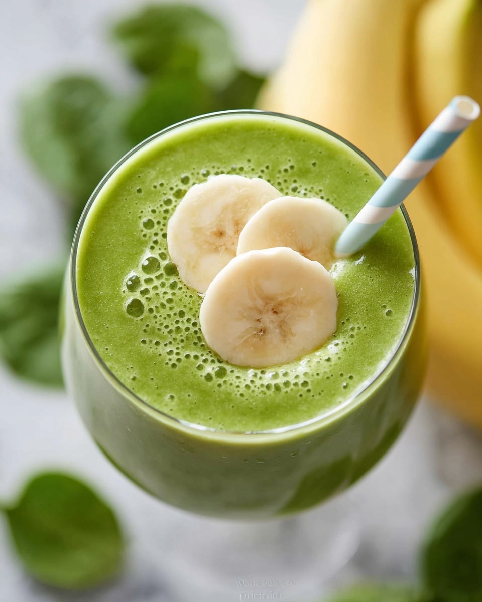 A glass filled with a thick, smooth green smoothie showing bubbles on the surface, topped with three round pale yellow banana slices placed evenly on one side. A paper straw with blue and white stripes is placed in the glass near the banana slices. The background features a blurred white marbled texture with hints of fresh bright yellow bananas and green leaves. photo taken with an iphone --ar 4:5 --v 7