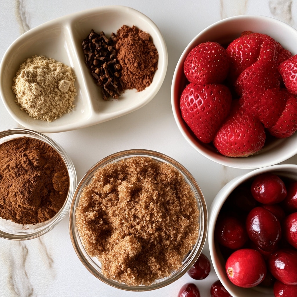 The image shows a top-down view of several small white dishes and bowls placed on a white marbled surface. At the top left, a divided white dish holds three different spices: light beige ginger powder on the left, dark brown cloves powder in the middle, and reddish-brown nutmeg powder on the right. Below it to the left is a small clear bowl filled with medium brown cinnamon powder. At the center bottom, a larger clear bowl is filled with loose, fine-grained brown sugar. To the right, two white bowls contain fresh bright red strawberries in the top bowl and shiny deep red cranberries in the bottom bowl. Some loose cranberries are scattered near the berries. Each ingredient is labeled with black text on a white background placed close to or on the item. Photo taken with an iphone --ar 4:5 --v 7