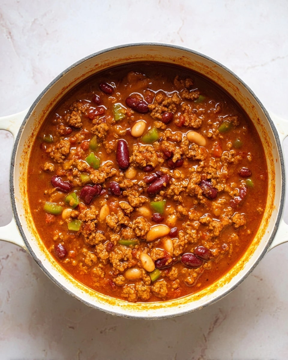 A white bowl holds a thick chili made of mixed beans, small pieces of orange cauliflower, and ground meat in a rich, reddish-brown sauce. On top, there is a dollop of white sour cream with shredded yellow and white cheese scattered over it. Small green slices of chopped green onion are sprinkled across the chili, adding a fresh contrast. A silver spoon rests inside the bowl. The bowl sits on a white marbled surface. photo taken with an iphone --ar 4:5 --v 7