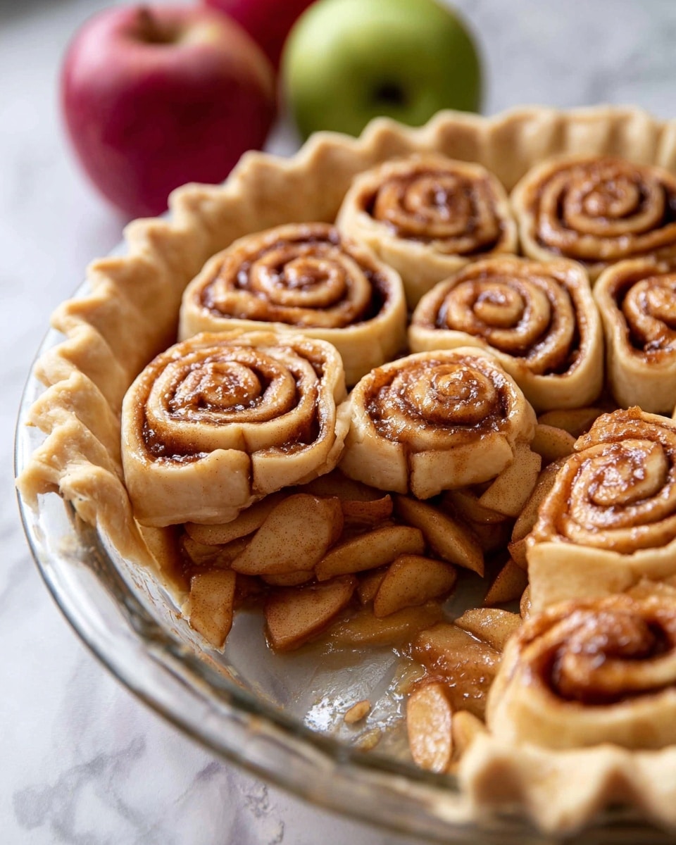 The image shows a close-up of a pie with two distinct layers inside a clear glass pie dish. The bottom layer is made up of soft, lightly cooked apple slices covered in a shiny, light brown sauce. The top layer contains several cinnamon roll shapes with golden brown swirled dough on top, arranged tightly side by side. The pie has a thick, golden crust with a crimped edge around the top. In the background, blurry red and green apples are visible. The whole scene rests on a white marbled surface. Photo taken with an iphone --ar 4:5 --v 7